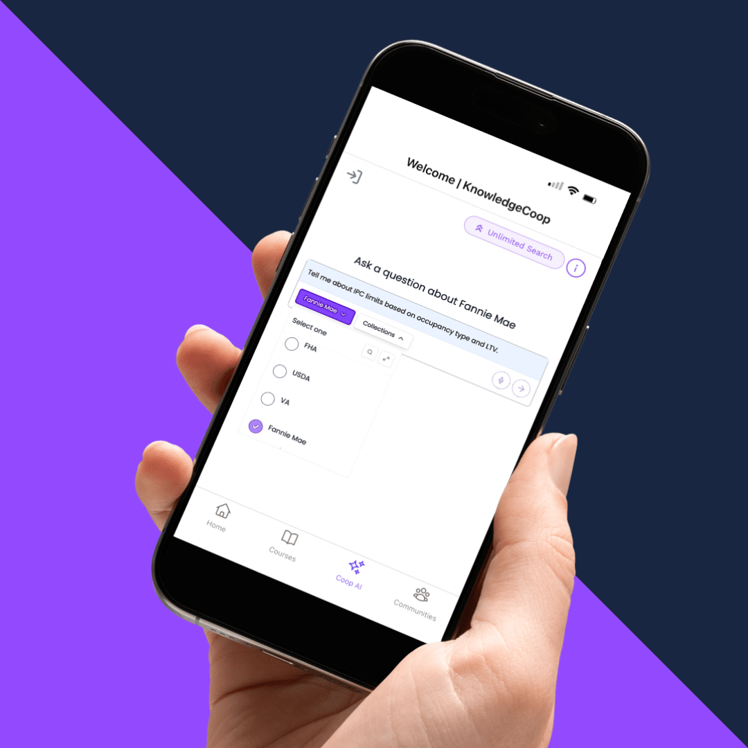 Someone holding a mobile device, searching a Fannie Mae question in Coop AI.