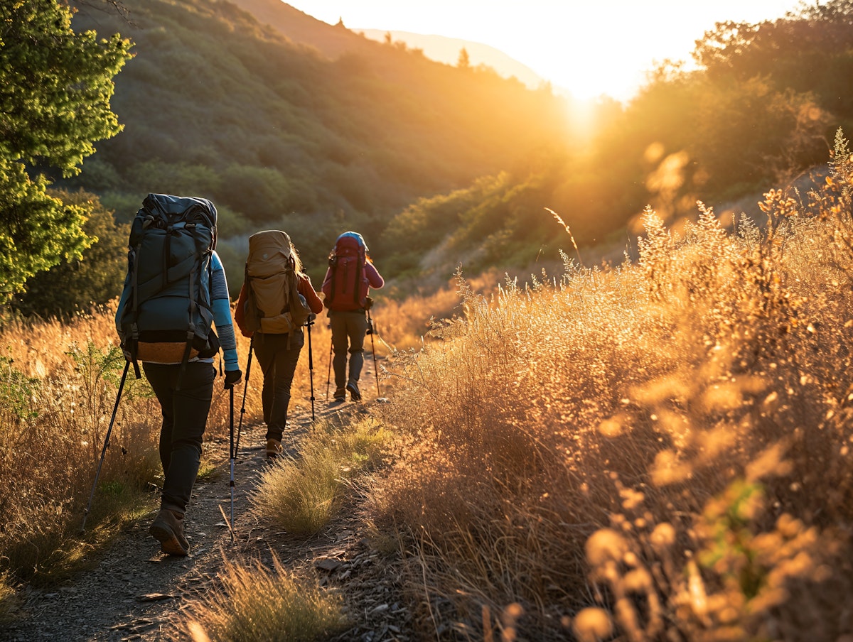 Three hikers with backpacks and trekking poles walk along a narrow dirt trail surrounded by golden grass and green hills, illuminated by the warm light of the setting sun.
