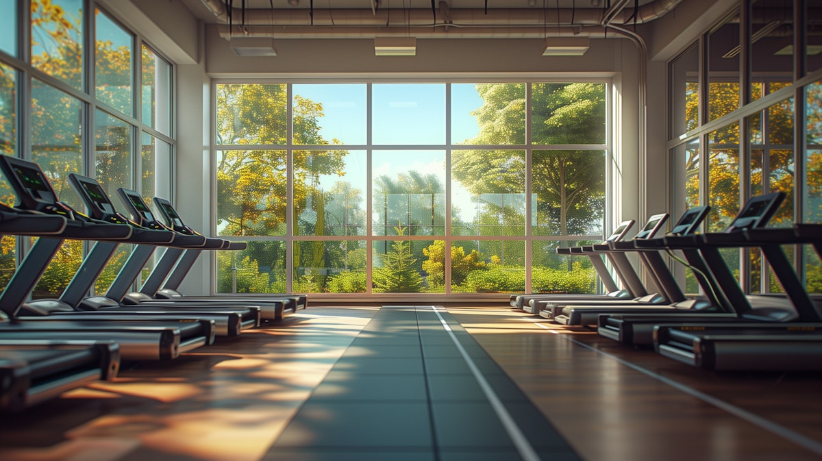 A modern fitness center with treadmills facing a large glass window, showcasing a peaceful outdoor view with lush greenery and natural sunlight.