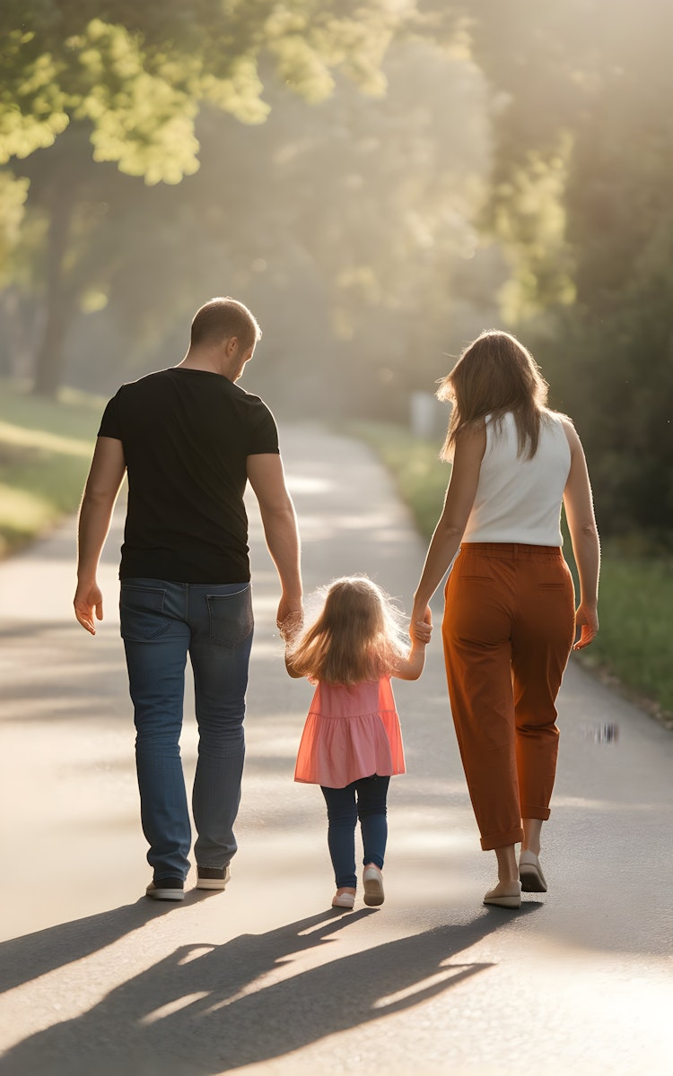 A couple walks hand in hand with their young daughter along a sunlit park path, surrounded by greenery and soft afternoon light.