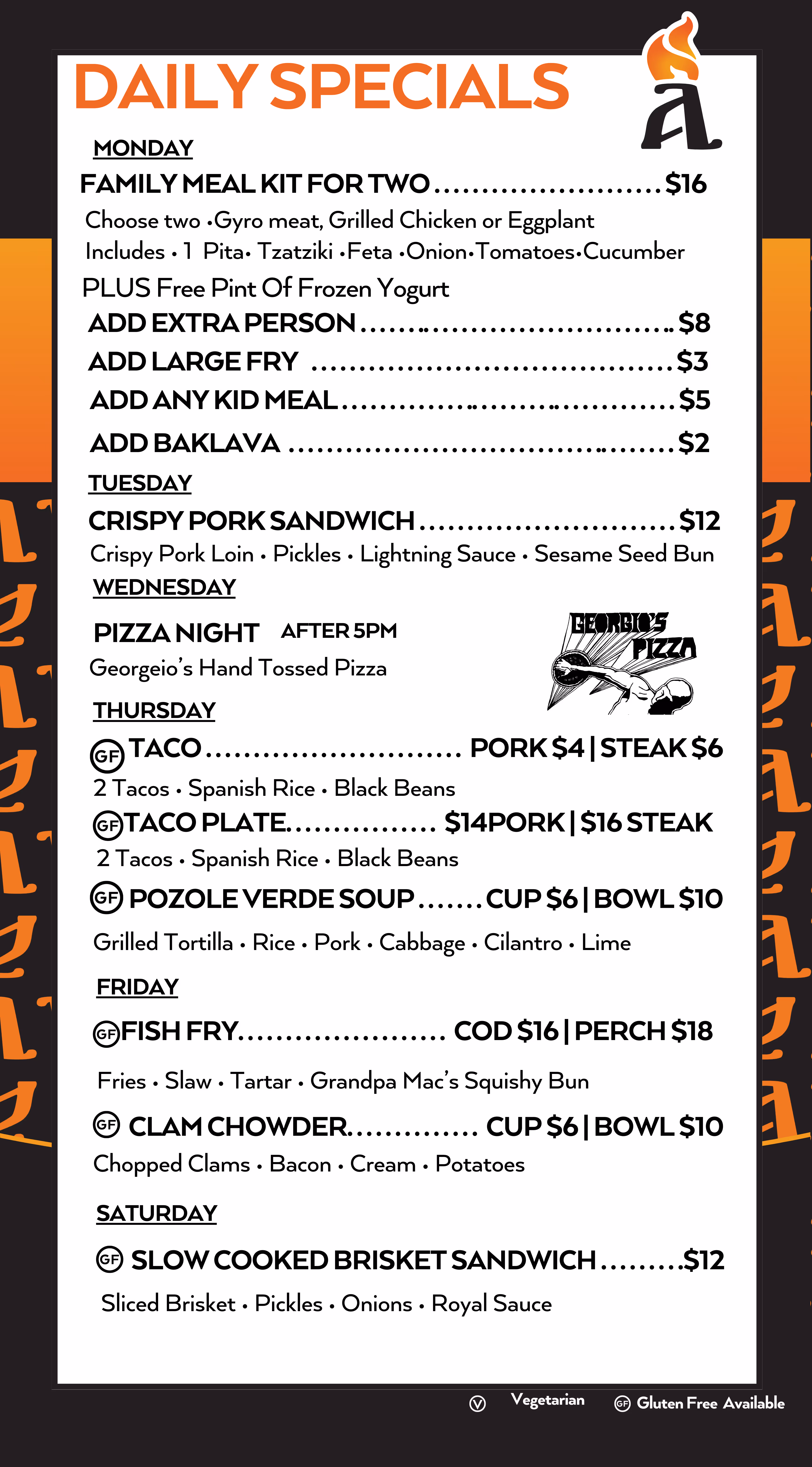 Daily specials menu listing meals and prices for Monday through Saturday, including family meal kits, sandwiches, pizza night, tacos, soups, fish fry, clam chowder, and brisket sandwich with gluten free and vegetarian symbols.