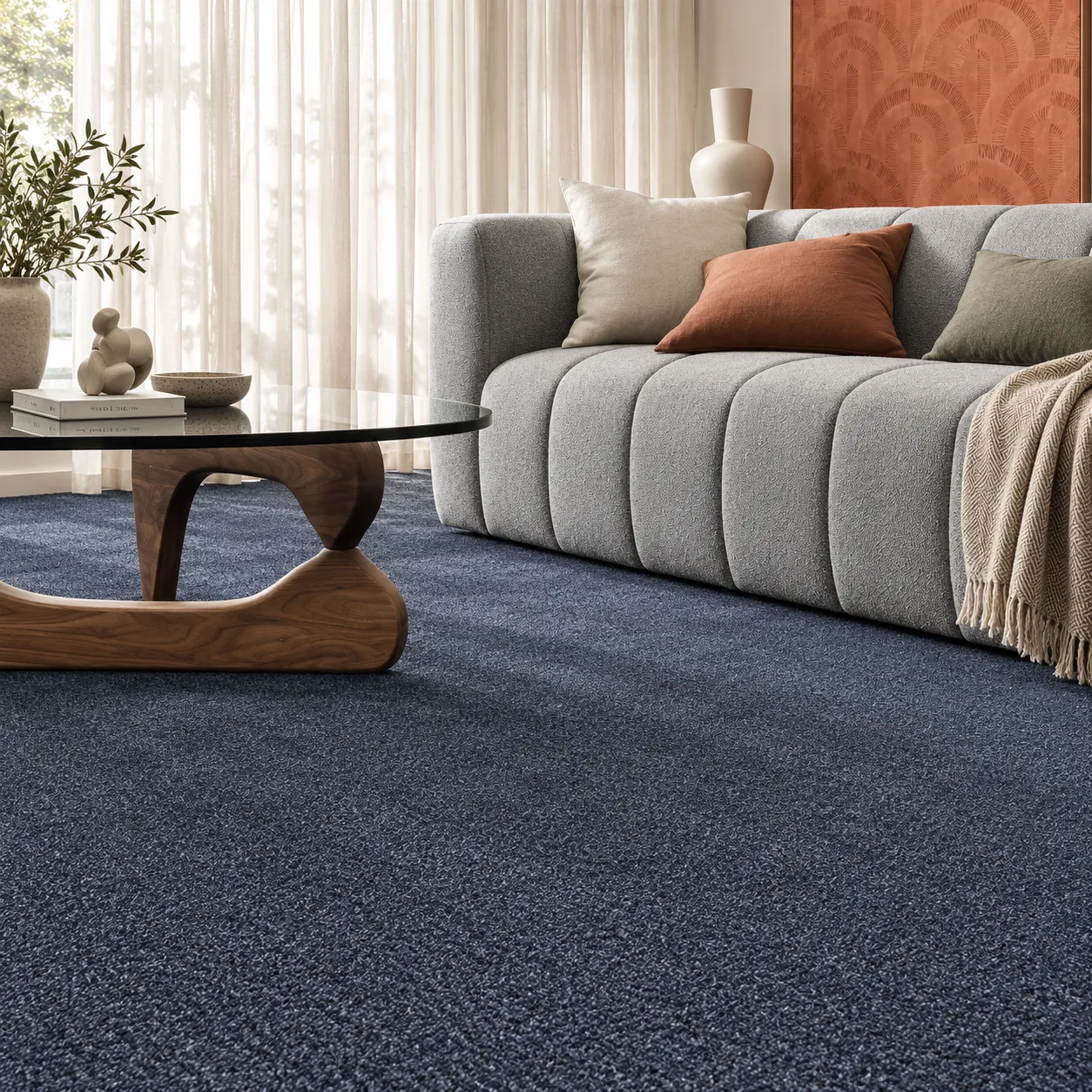 Deep navy cut pile carpet running under a grey sofa and a walnut coffee table