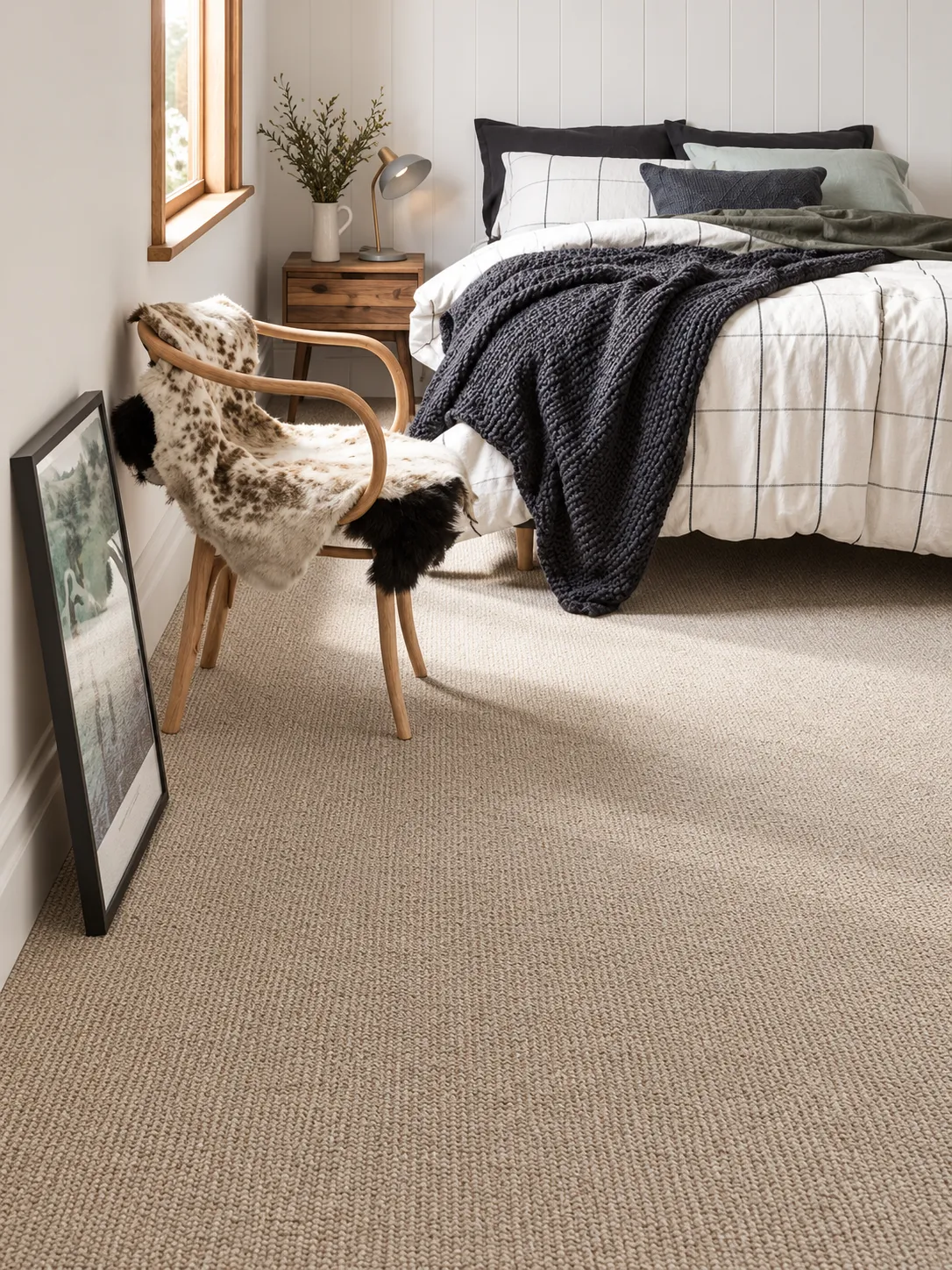 Oat coloured loop pile carpet in a bedroom with white panelled walls