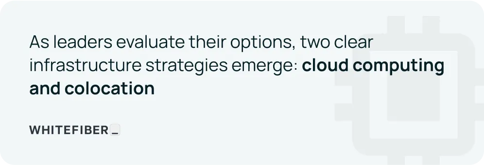 WhiteFiber graphic with text highlighting two key infrastructure strategies: cloud computing and colocation, alongside a faint microchip icon in the background.