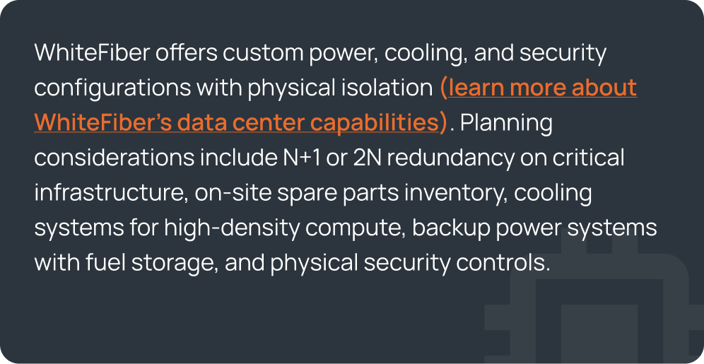 WhiteFiber description highlighting custom power, cooling, and security configurations with physical isolation, N+1 or 2N redundancy, high-density cooling, backup power with fuel storage, and physical security controls