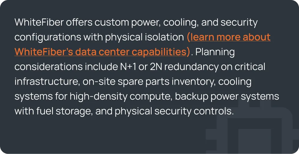 WhiteFiber description highlighting custom power, cooling, and security configurations with physical isolation, N+1 or 2N redundancy, high-density cooling, backup power with fuel storage, and physical security controls