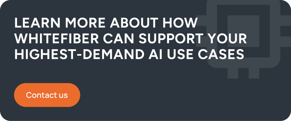 Call to action section reading “Learn more about how WhiteFiber can support your highest-demand AI use cases” with a Contact us button