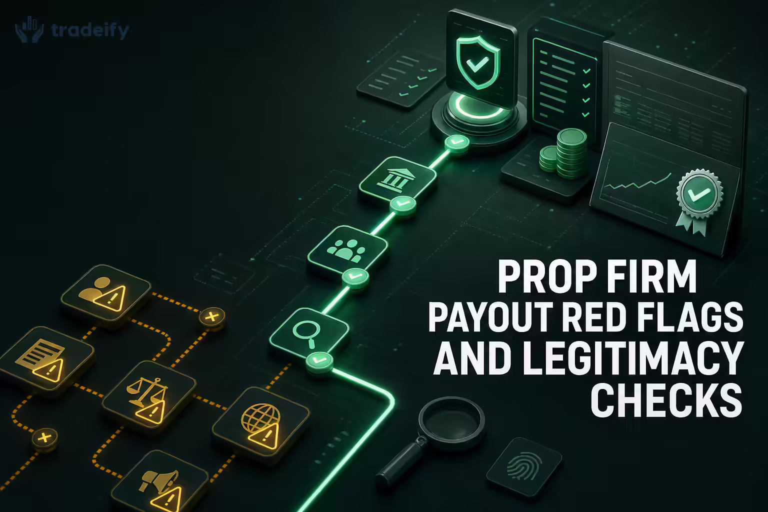 Due-diligence dashboard showing a verified payout path avoiding amber warning checkpoints