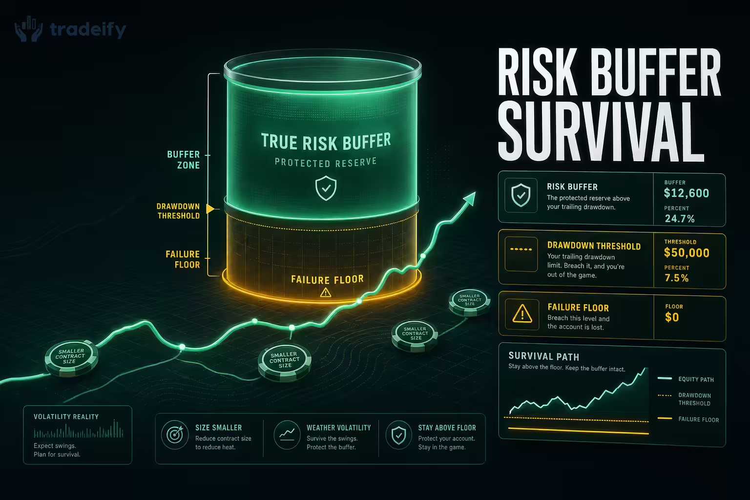 Protected risk buffer zone above a glowing drawdown floor with small contract sizing chips and a survival path