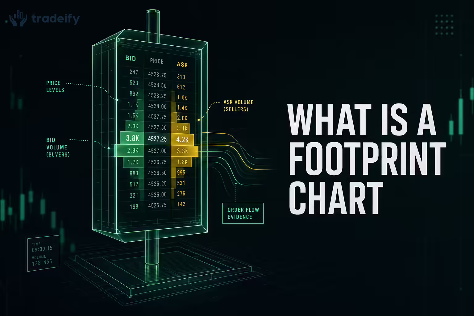 Cutaway candlestick revealing bid and ask volume clusters at each price level inside a footprint chart