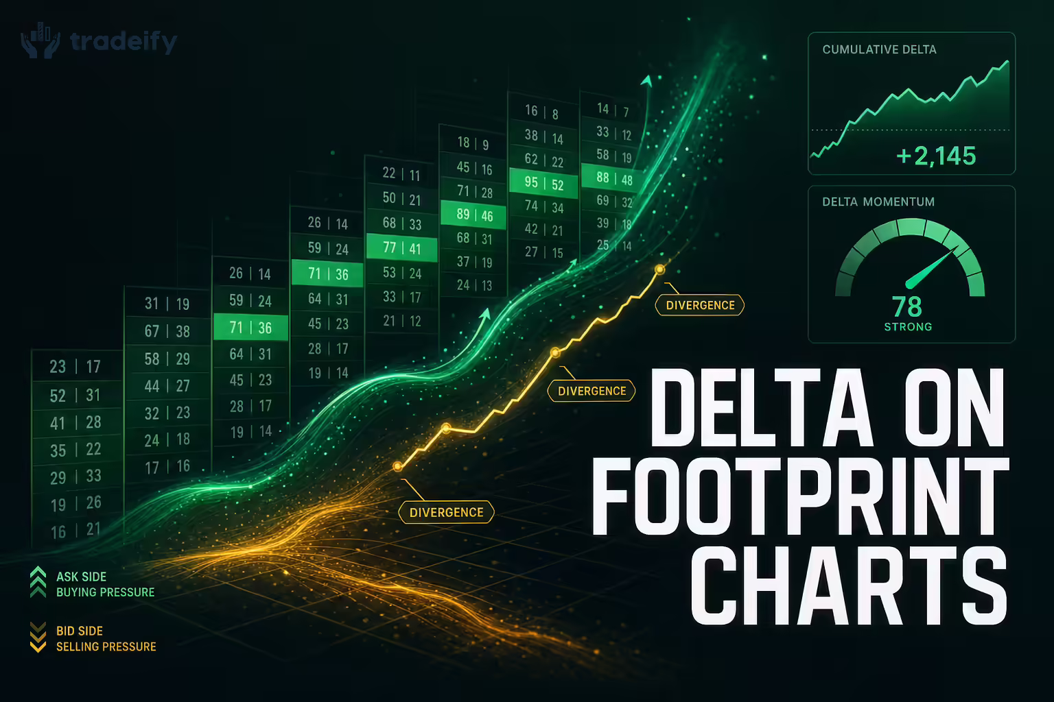 Positive delta wave and cumulative order-flow path moving through a footprint chart grid
