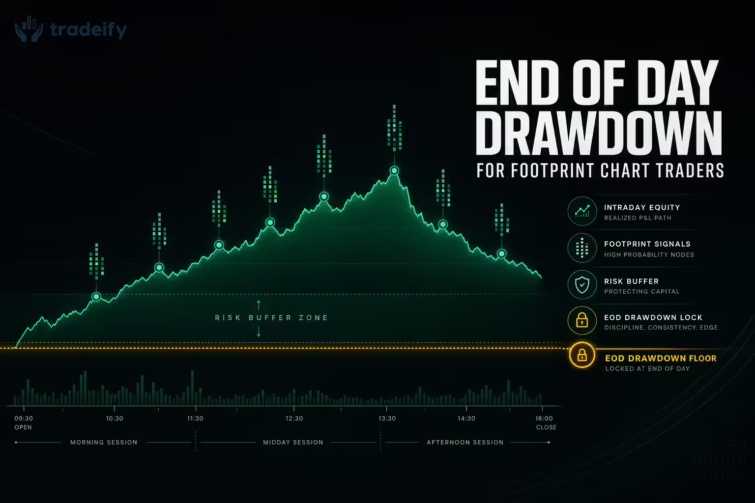 Intraday equity path held above a stable end-of-day drawdown floor with footprint signal nodes