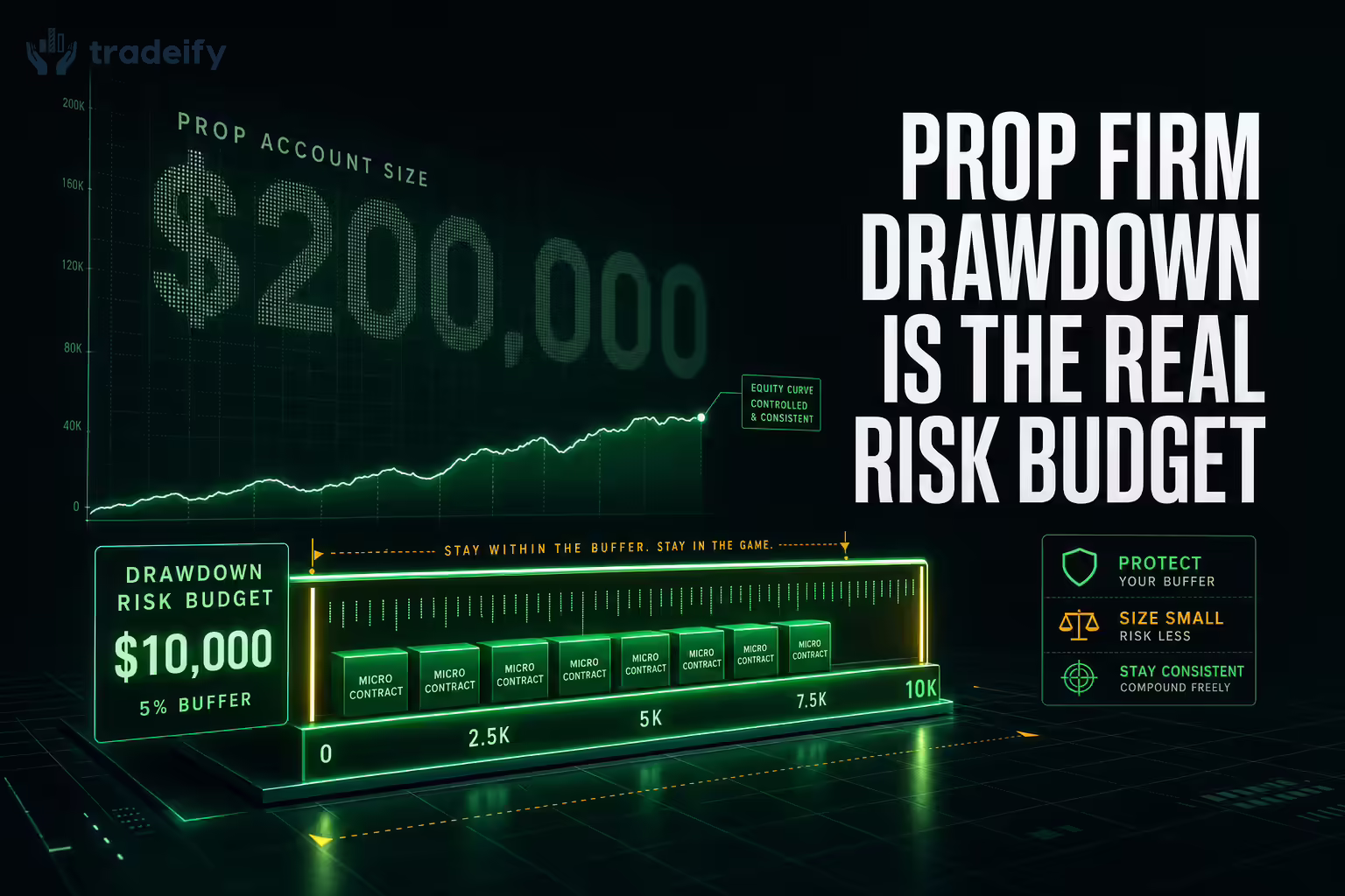 Glowing drawdown buffer ruler separating headline account size from usable risk budget