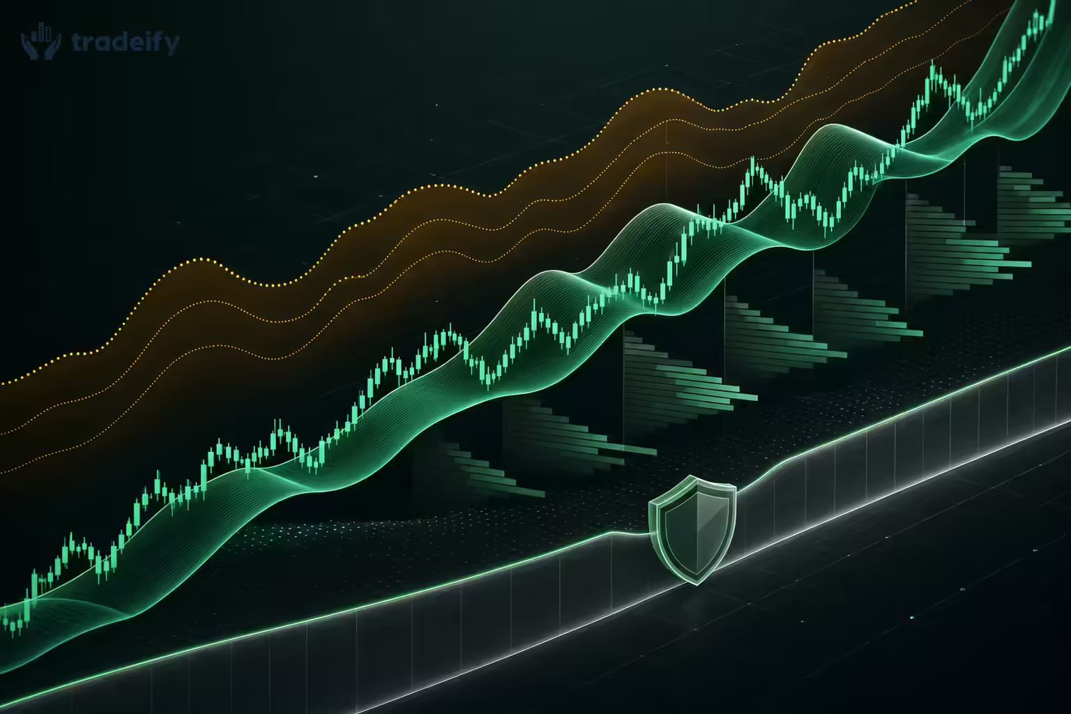 Layered futures chart combining VWAP, volume profile, volatility bands, and account-risk protection