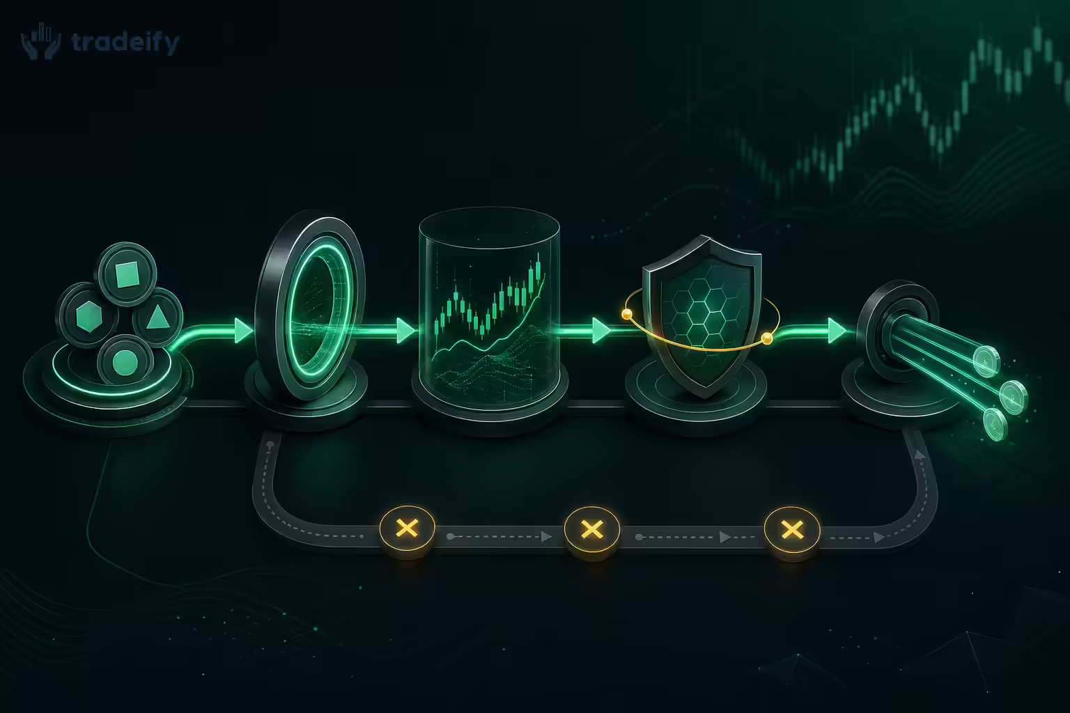 Instant funding workflow moving from account selection through direct access, simulated futures trading, risk controls, and payout eligibility
