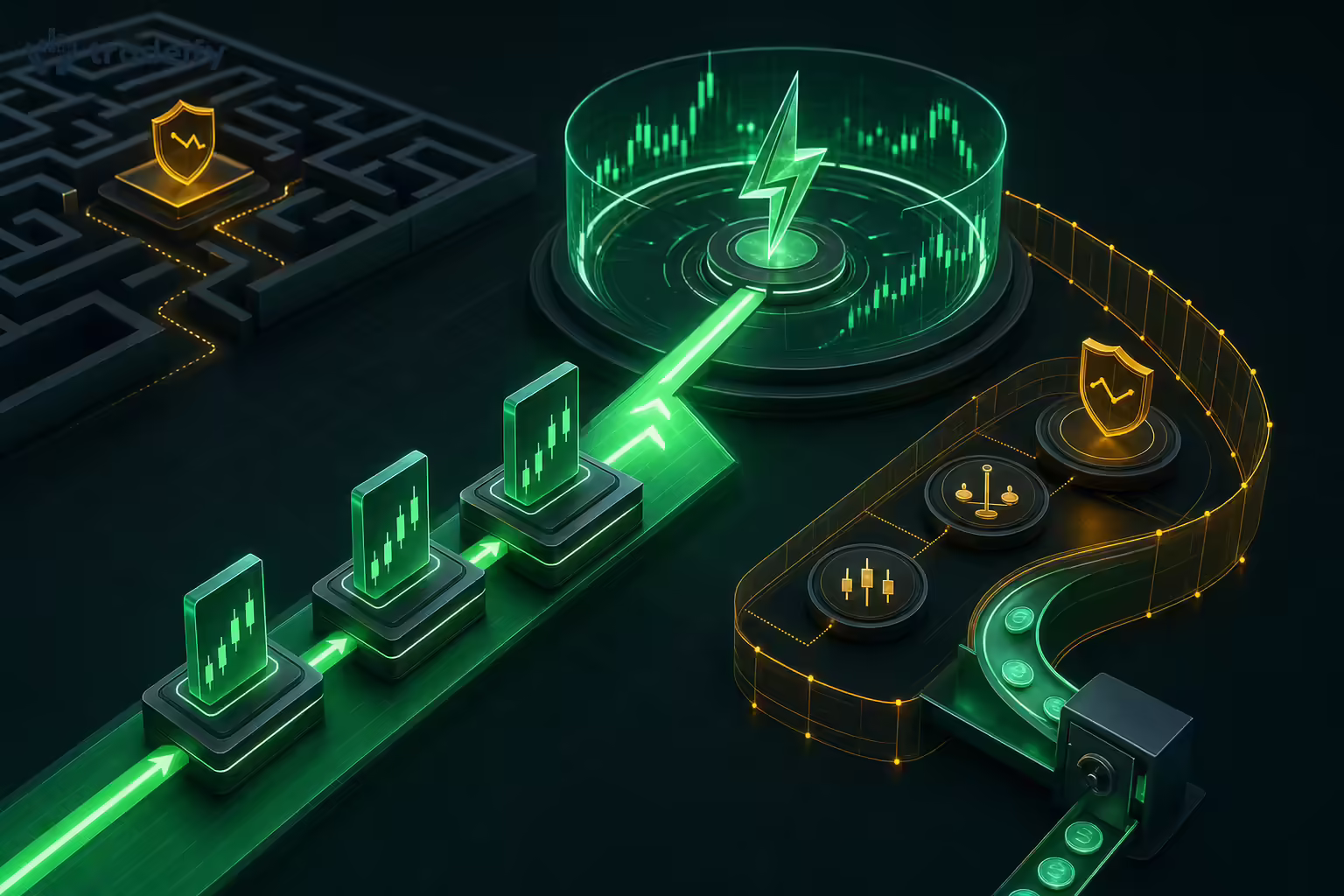 Accelerated futures funding path connecting graduated account platforms to a protected Tradeify Lightning trading arena