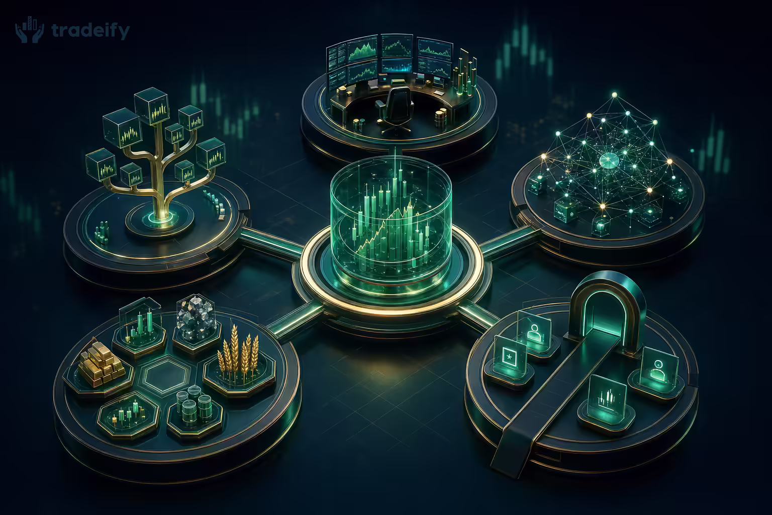 Institutional, quantitative, retail funded, asset-specific, and hybrid prop firm models arranged around a central trading-capital hub