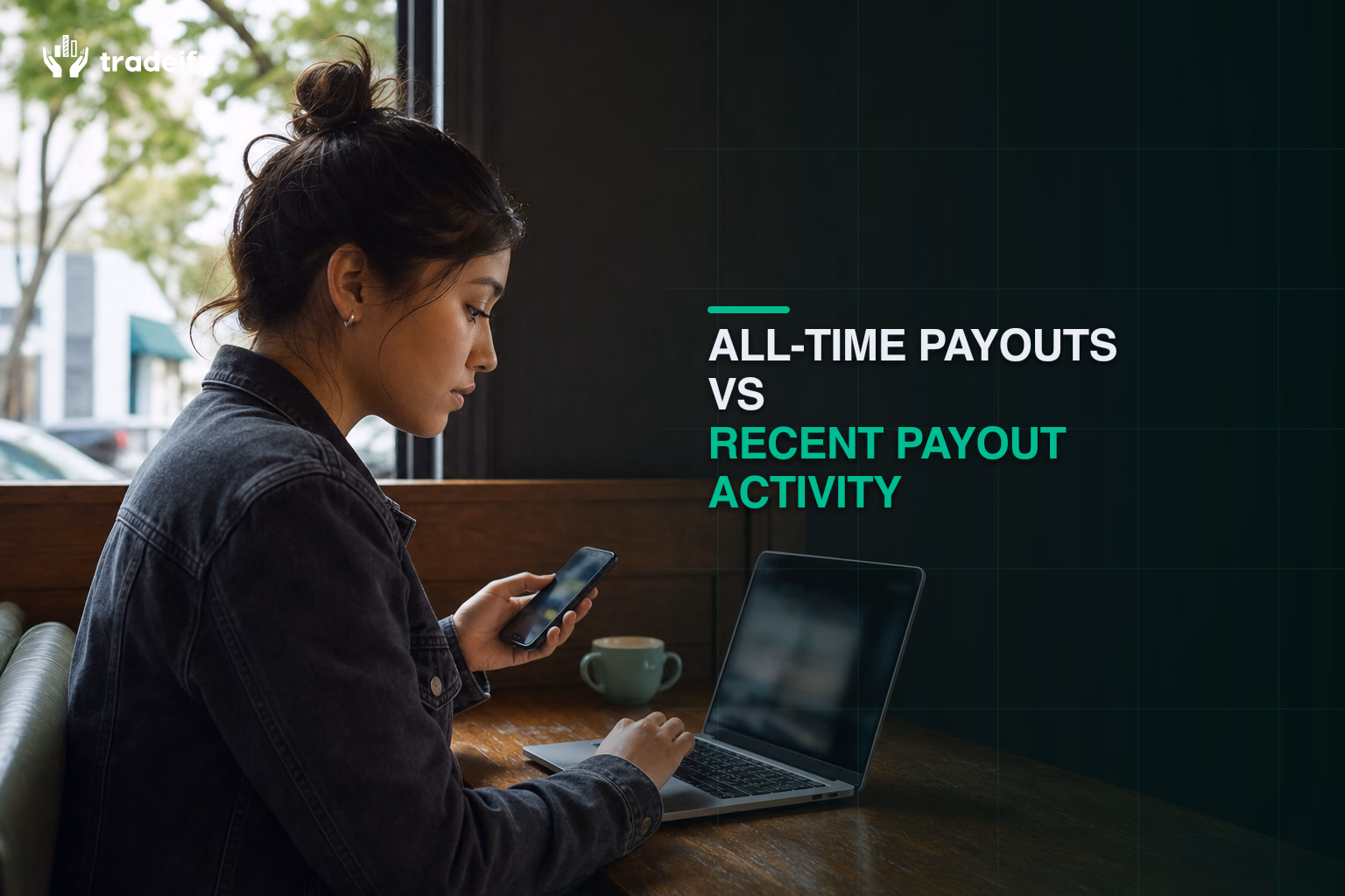 Trader checking long-term payout history against fresh activity in a coffee shop booth
