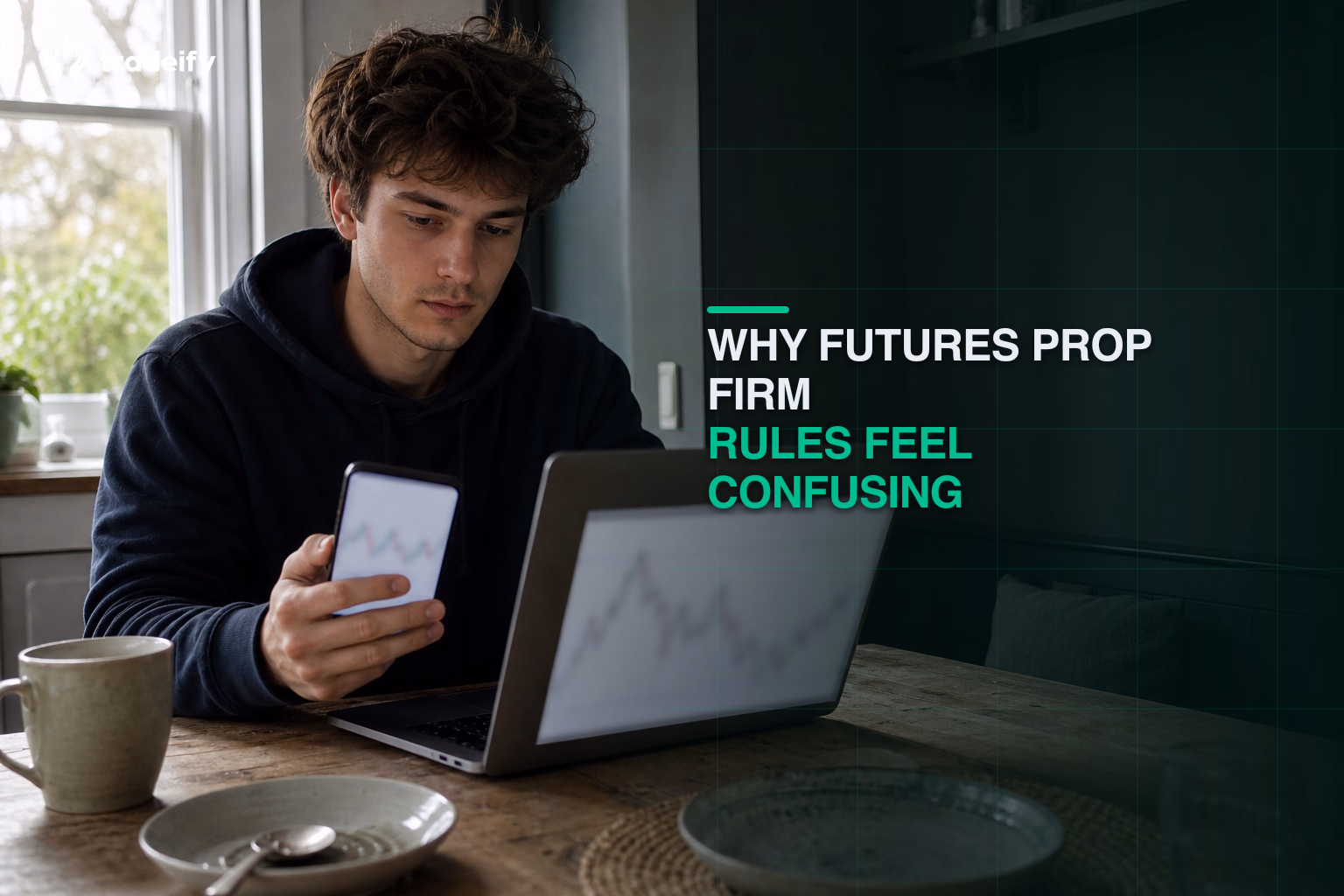 Young trader comparing rule triggers on a phone and softly defocused laptop at a shared-house breakfast nook