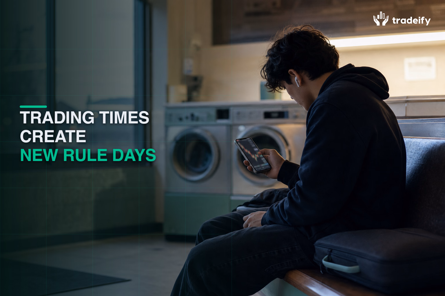 Phone-first futures trader checking a session boundary from a neighborhood laundromat bench at dawn