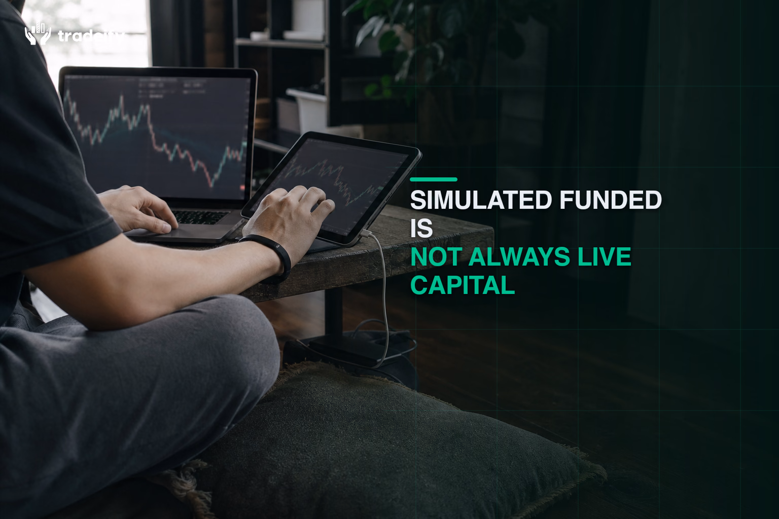 Cropped hands comparing simulated-funded and live-account workflows from a compact studio floor cushion