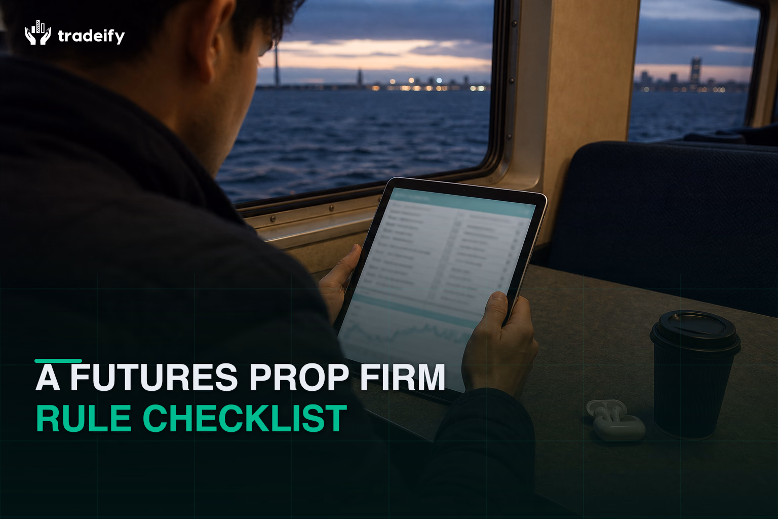 Commuter reviewing a pre-trade rule checklist on a tablet at a ferry cabin table before sunrise