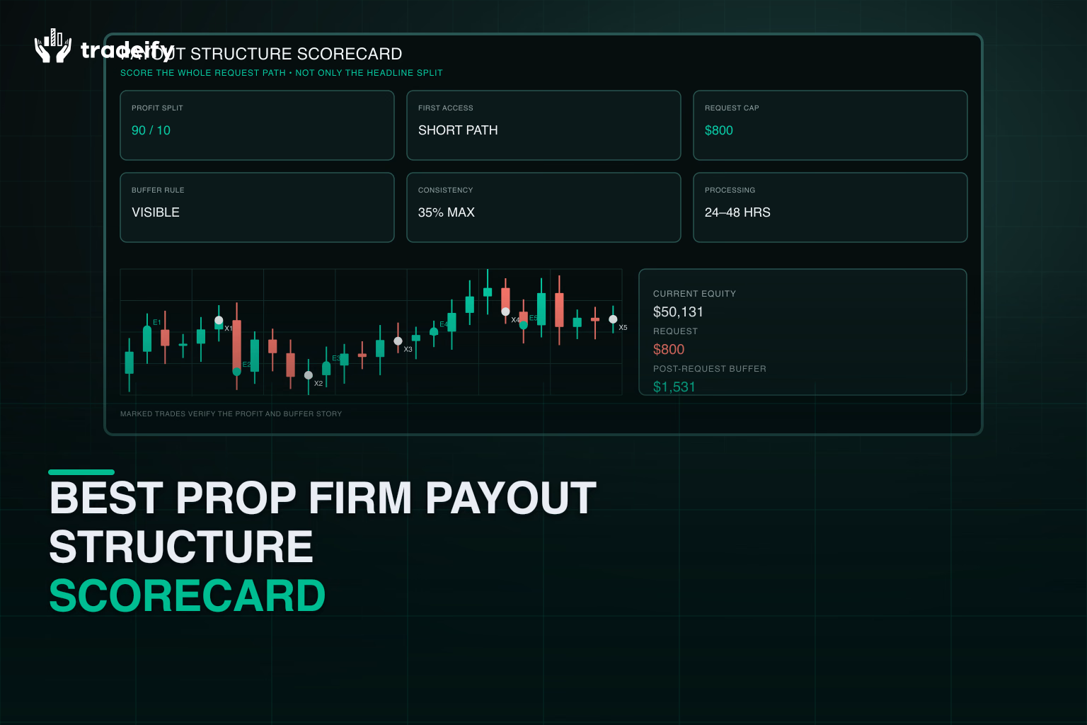 Deterministic payout scorecard comparing split, access, cap, buffer, consistency, and processing factors