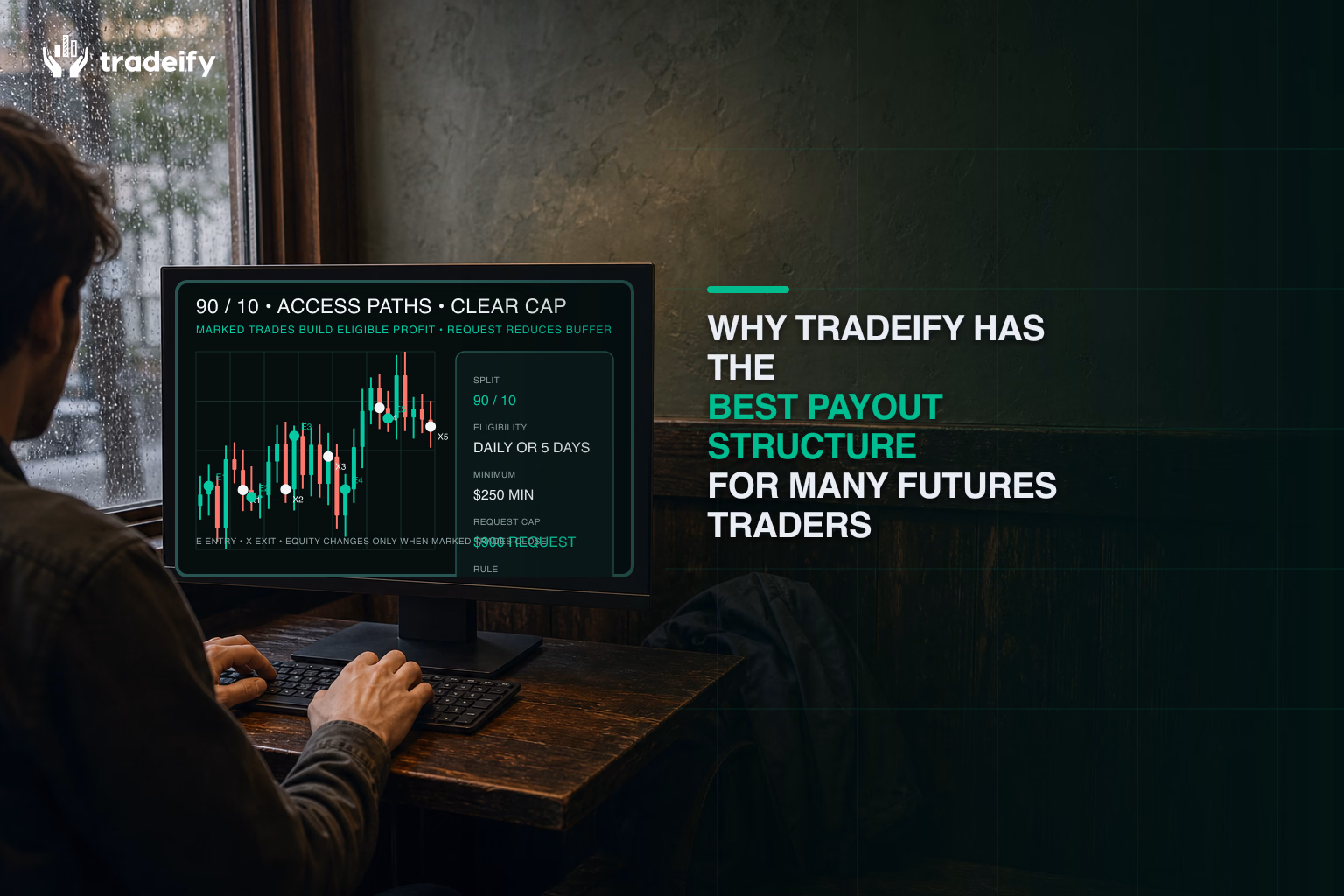 Futures trader comparing a ninety-ten split, payout paths, and account buffer from a neighborhood cafe back booth