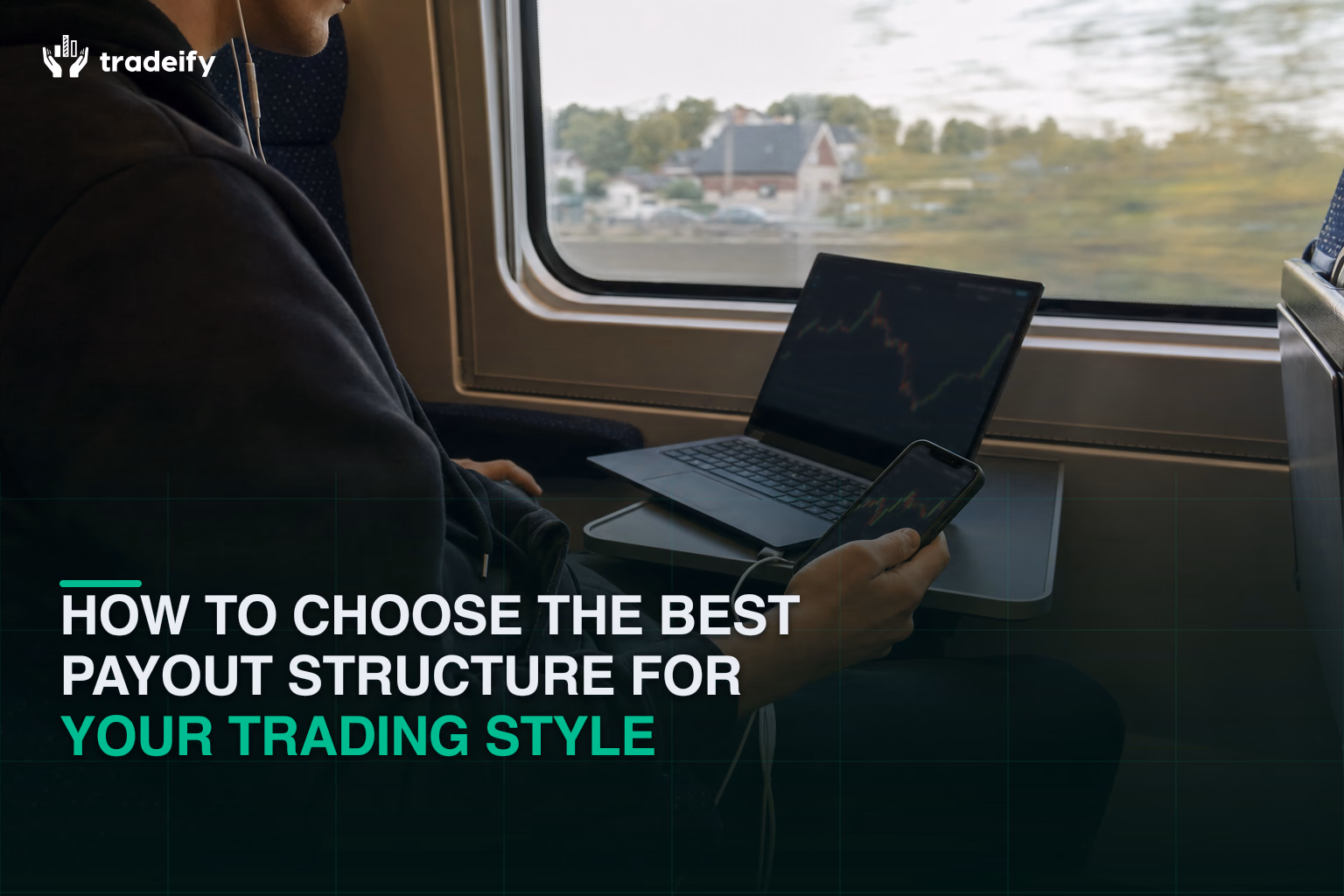Phone-first trader choosing a payout rhythm from a commuter train quiet-car table with a compact laptop