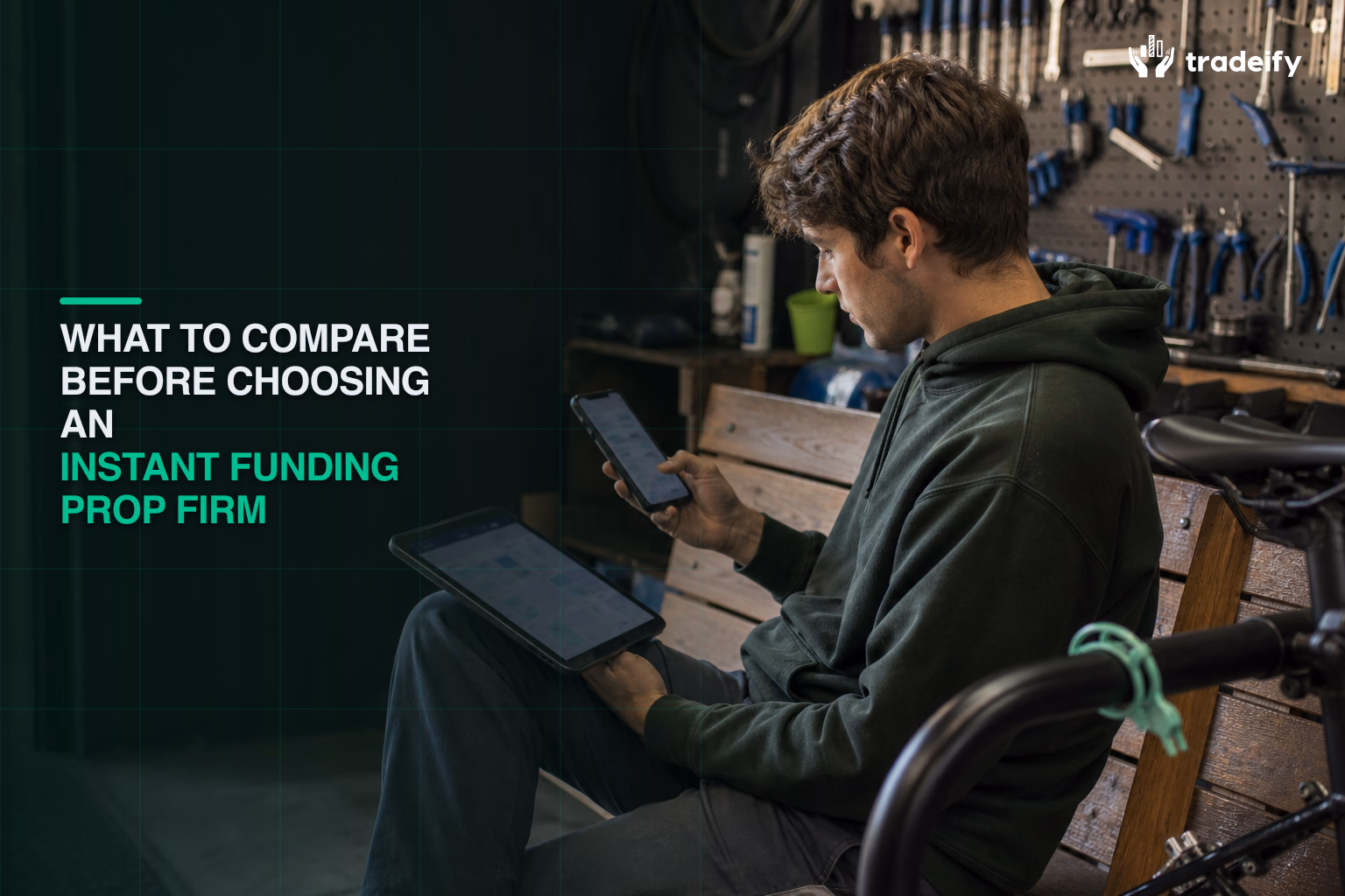 Young trader comparing account choices on a tablet and phone in a neighborhood bicycle repair co-op