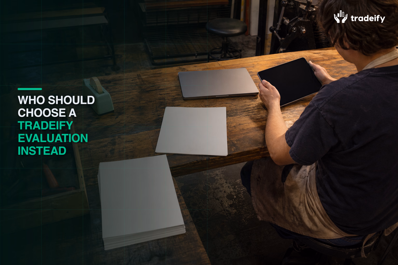 Newer futures trader choosing a structured evaluation path at a shared printmaking studio workbench