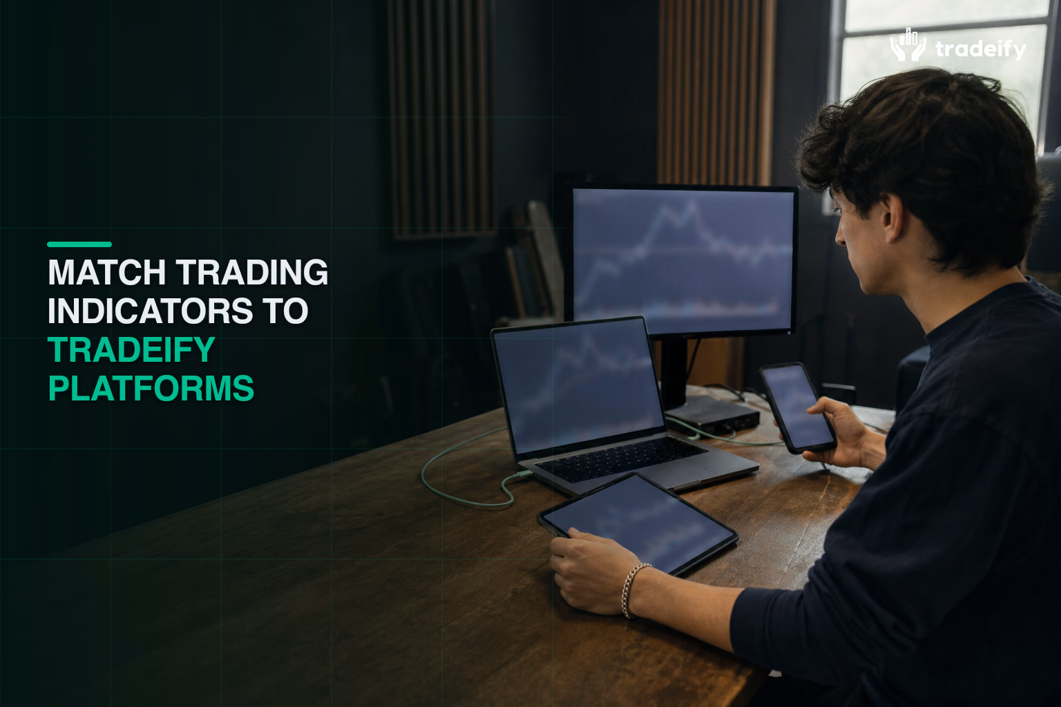 Young trader comparing a phone, tablet, laptop, and monitor workflow from a community music practice room