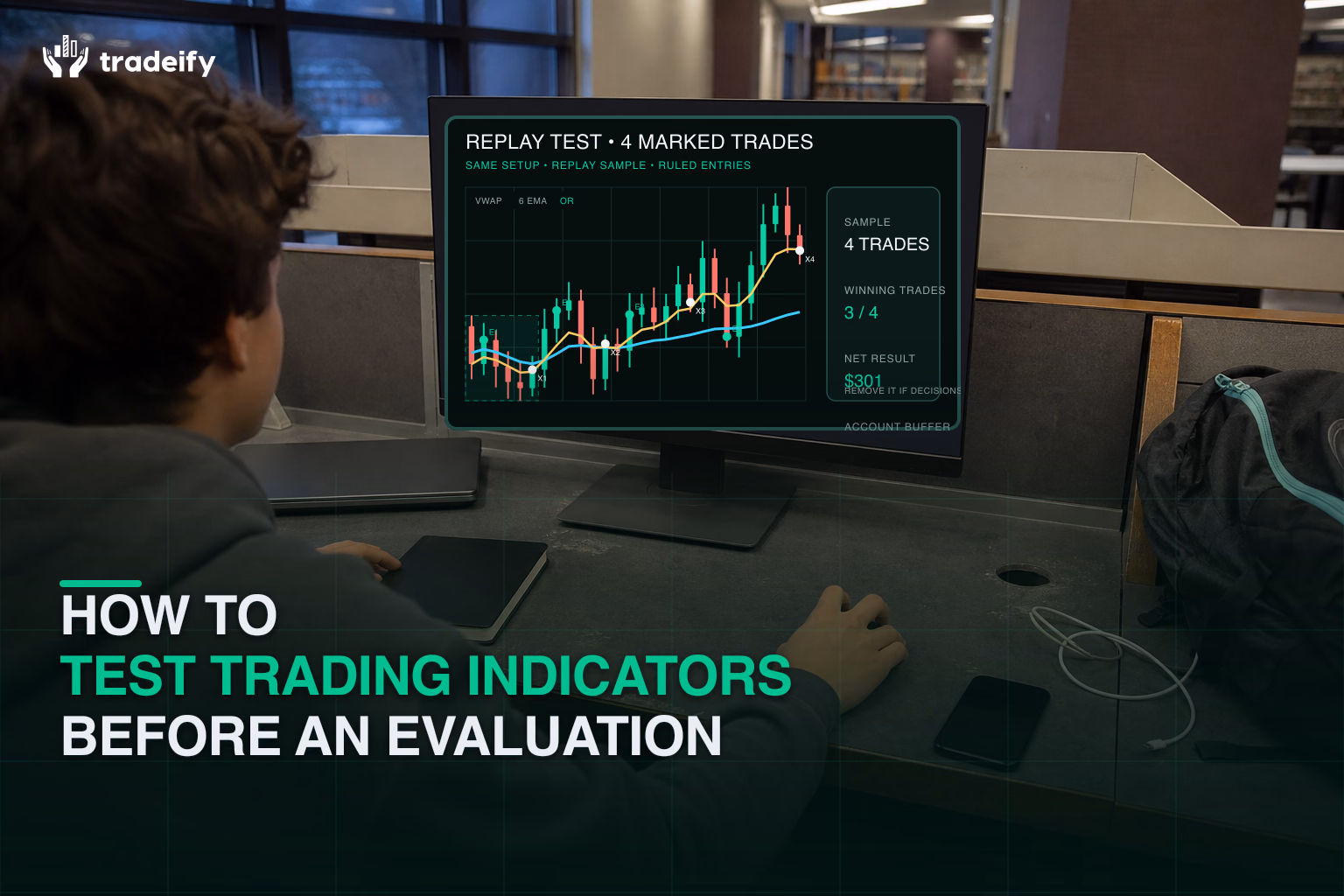 Trader testing a focused indicator in replay with deterministic entries, exits, net result, and account buffer