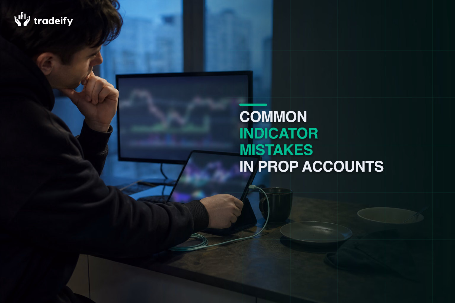 Young trader simplifying an overloaded generic chart setup at a casual apartment breakfast counter