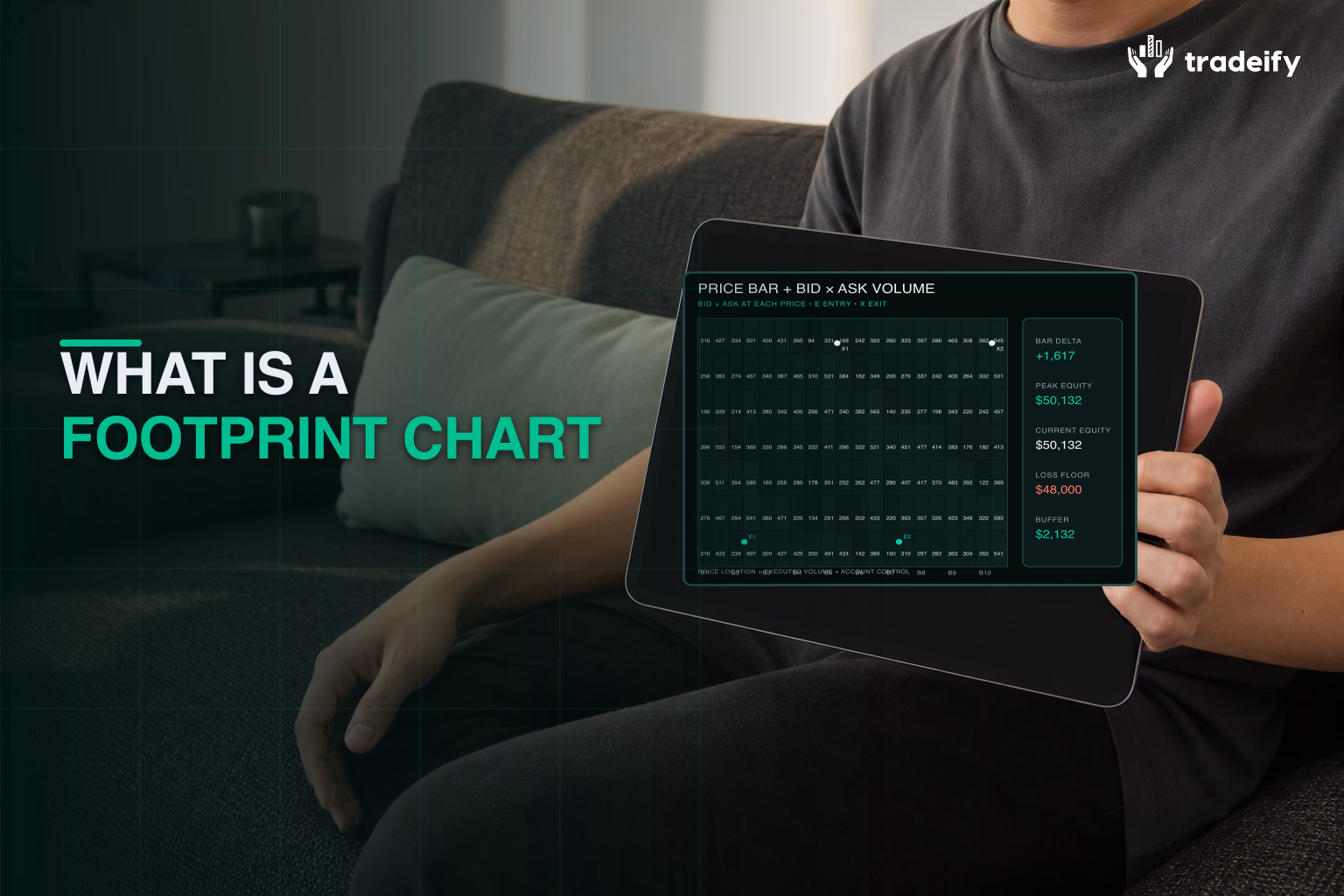 Beginner trader comparing a deterministic bid-by-ask footprint chart with price bars on a blank tablet in a shared apartment lounge