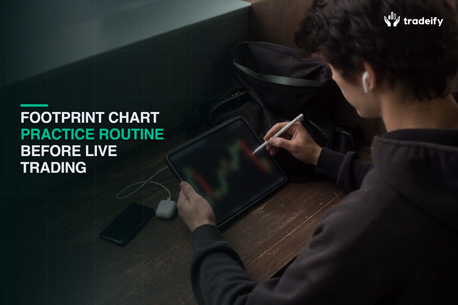 Young trader replaying a practice session on a softly defocused tablet with handwritten-free notes at a community college study alcove
