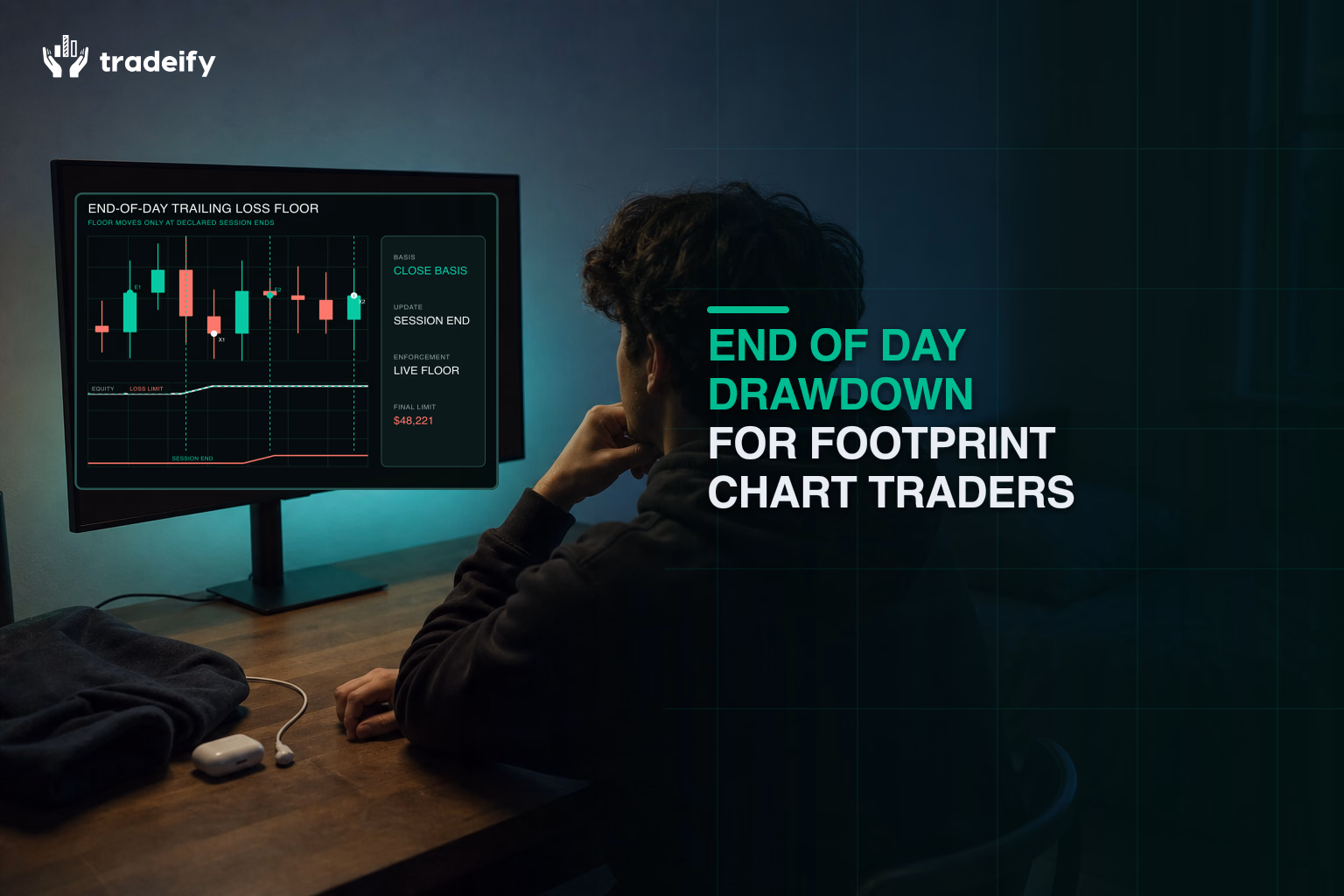 Trader reviewing a deterministic end-of-day equity and trailing-loss-floor chart on a blank monitor at a modest bedroom desk