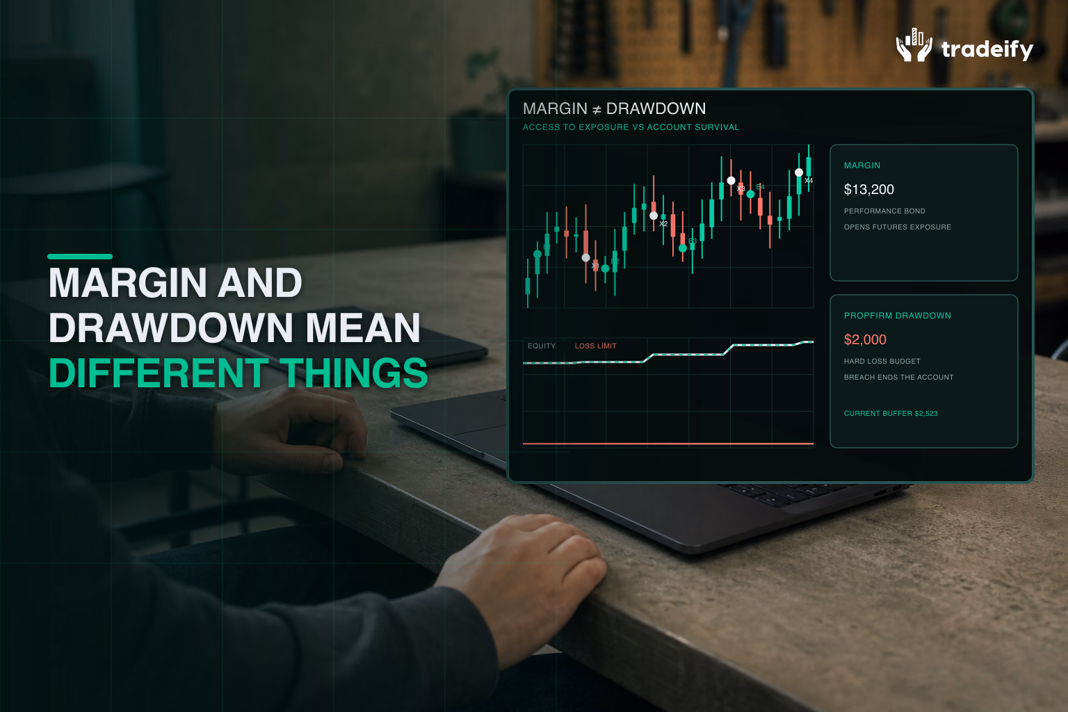 Margin shown as futures exposure access while drawdown is shown as the account survival boundary