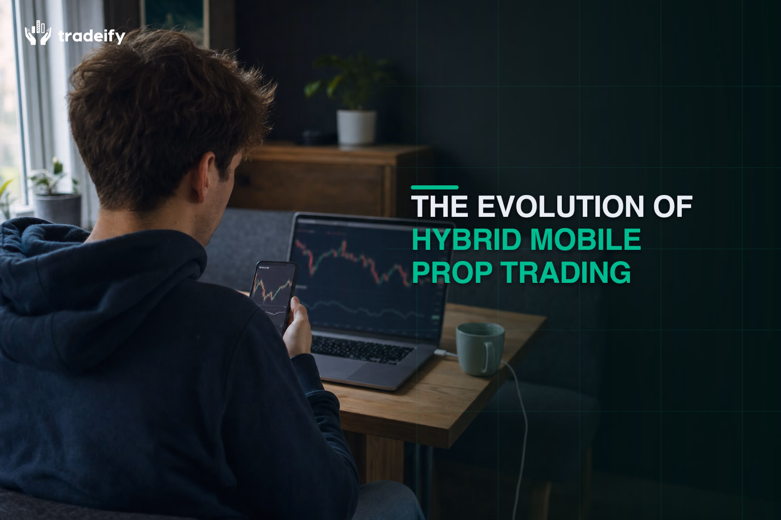 Young futures trader moving from desktop analysis to phone-based trade monitoring in a lived-in apartment