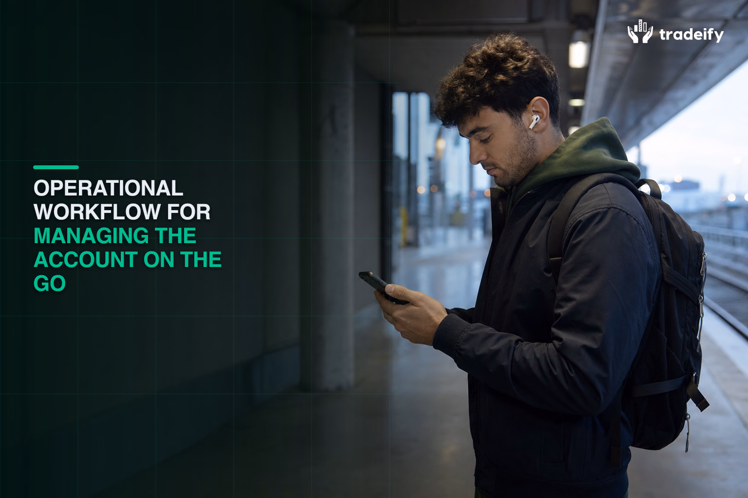 Young trader checking a phone during a commute after planning the session on a laptop
