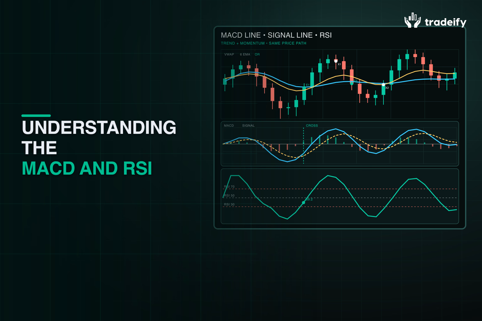 Validated price path with MACD line, signal line, histogram, RSI thresholds, and exact trade markers