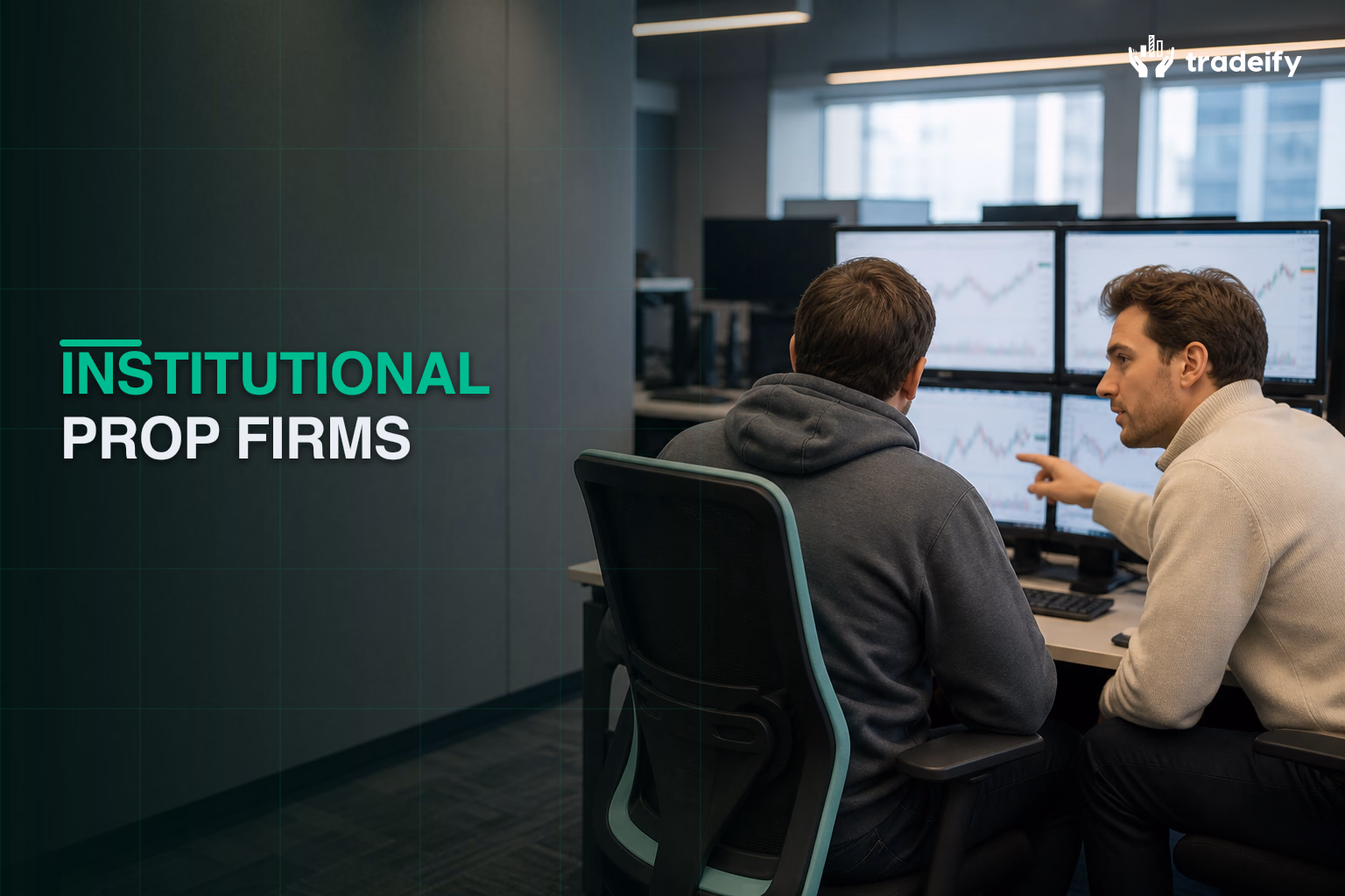 Two junior analysts collaborating in an understated institutional trading bullpen