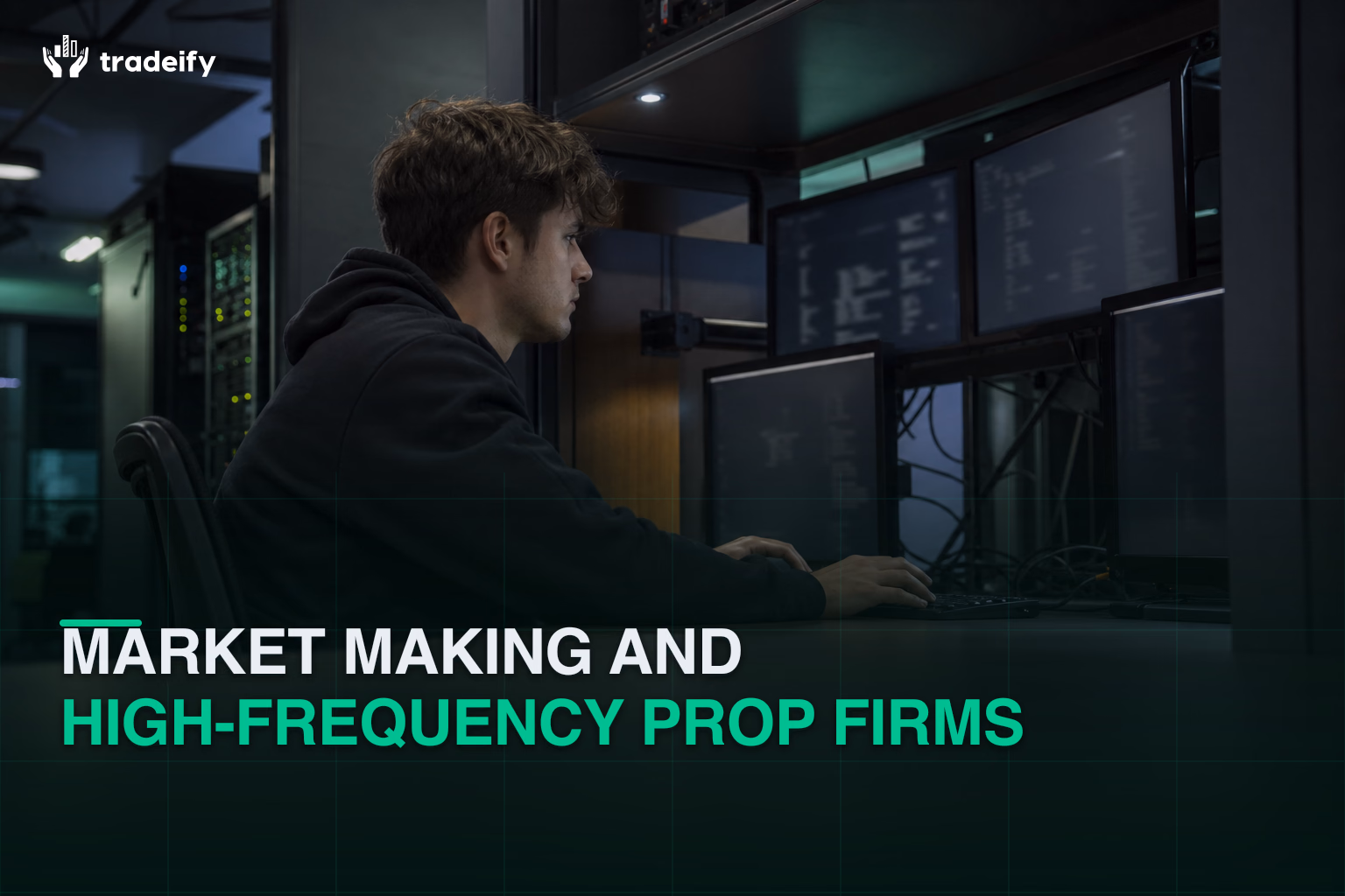 Young quantitative trader working beside dark multi-monitor hardware in a coworking server alcove