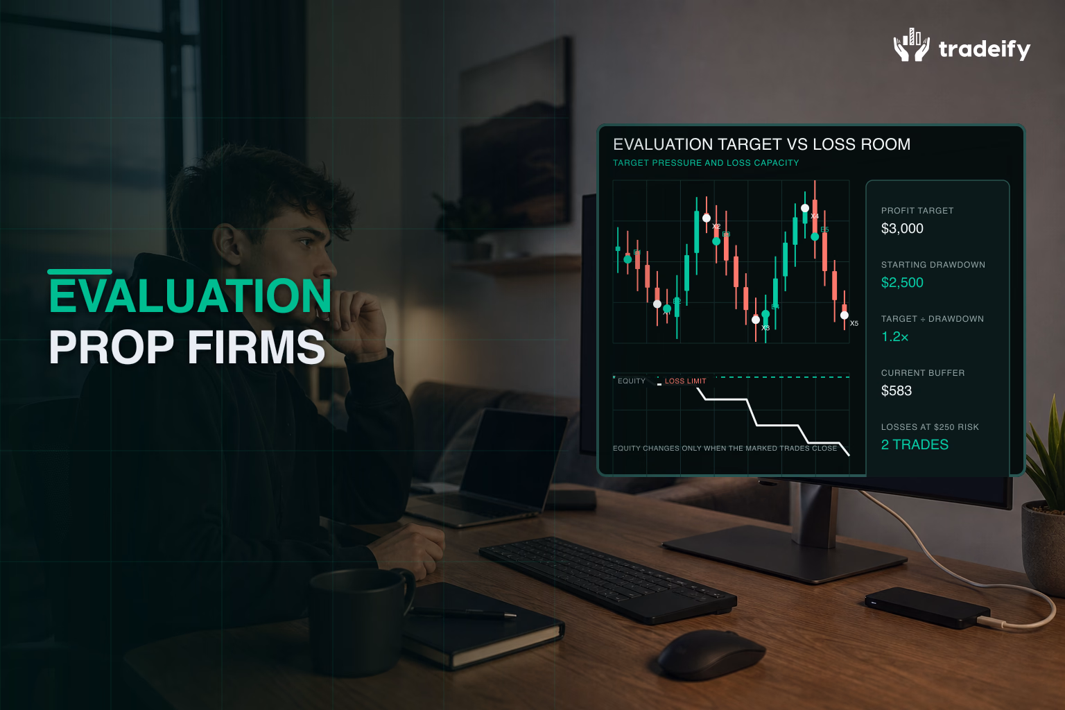 Trader reviewing a validated evaluation target trade path and trailing loss floor