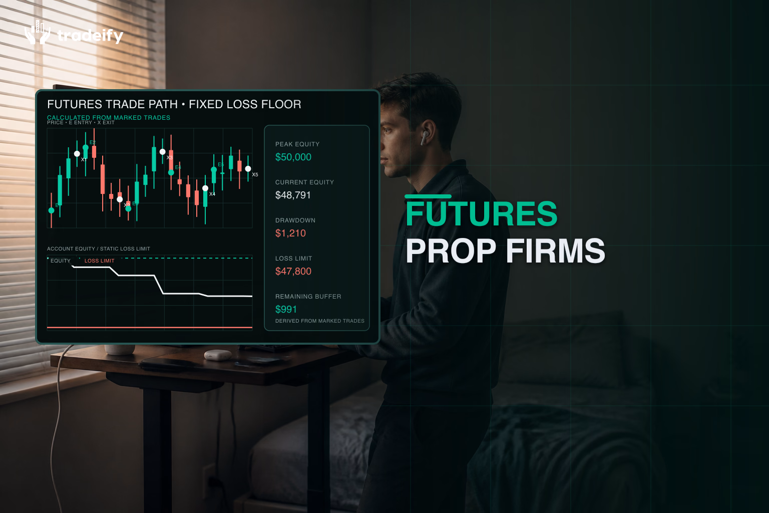 Futures trader reviewing marked entries exits equity and a fixed loss floor