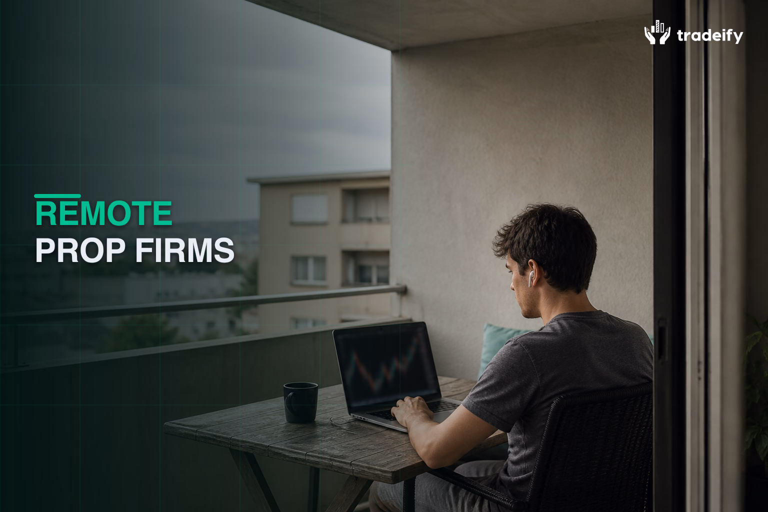 Remote trader using a laptop and earbuds at a quiet covered apartment balcony table