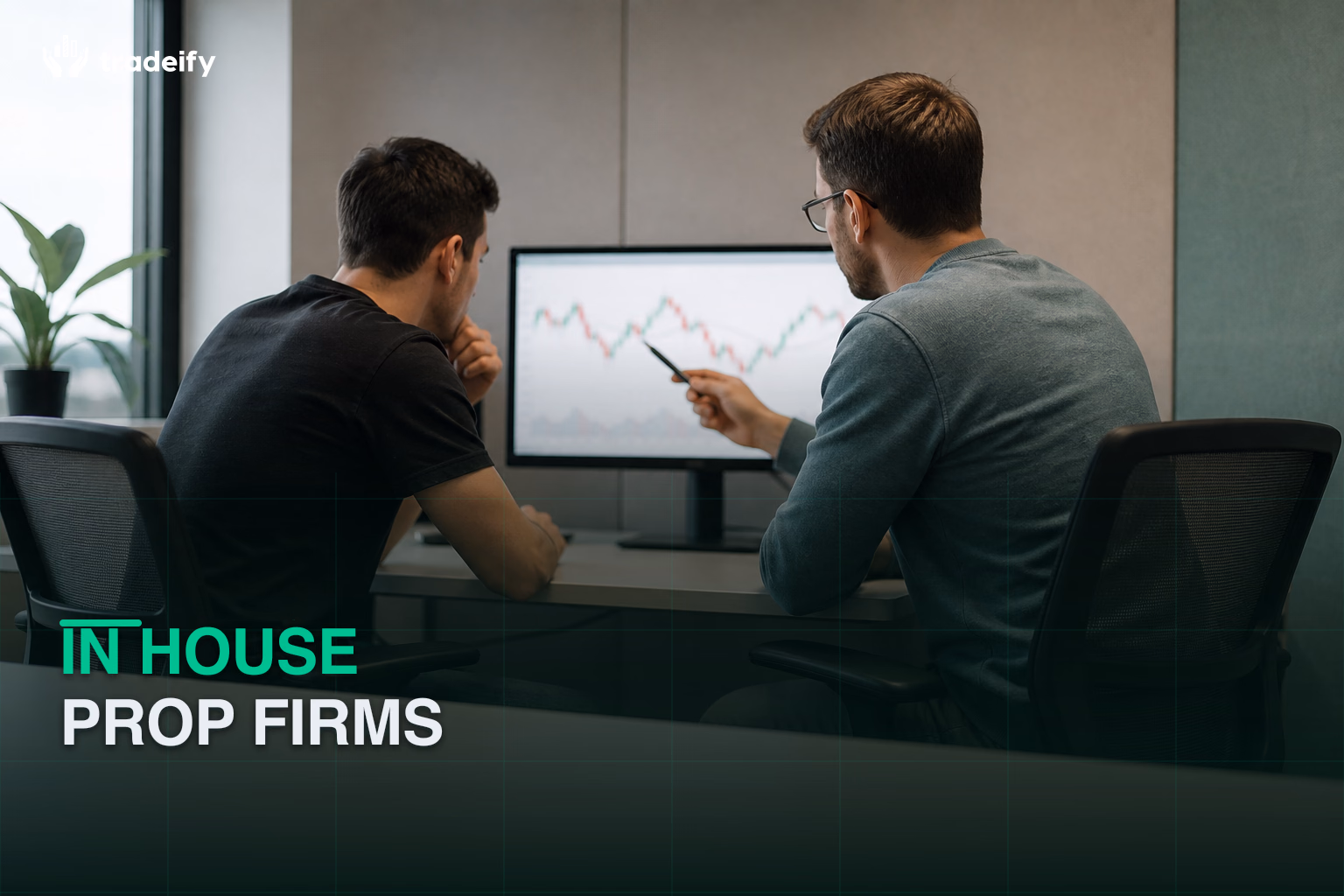 Mentor and junior trader reviewing a process together in a compact office training room