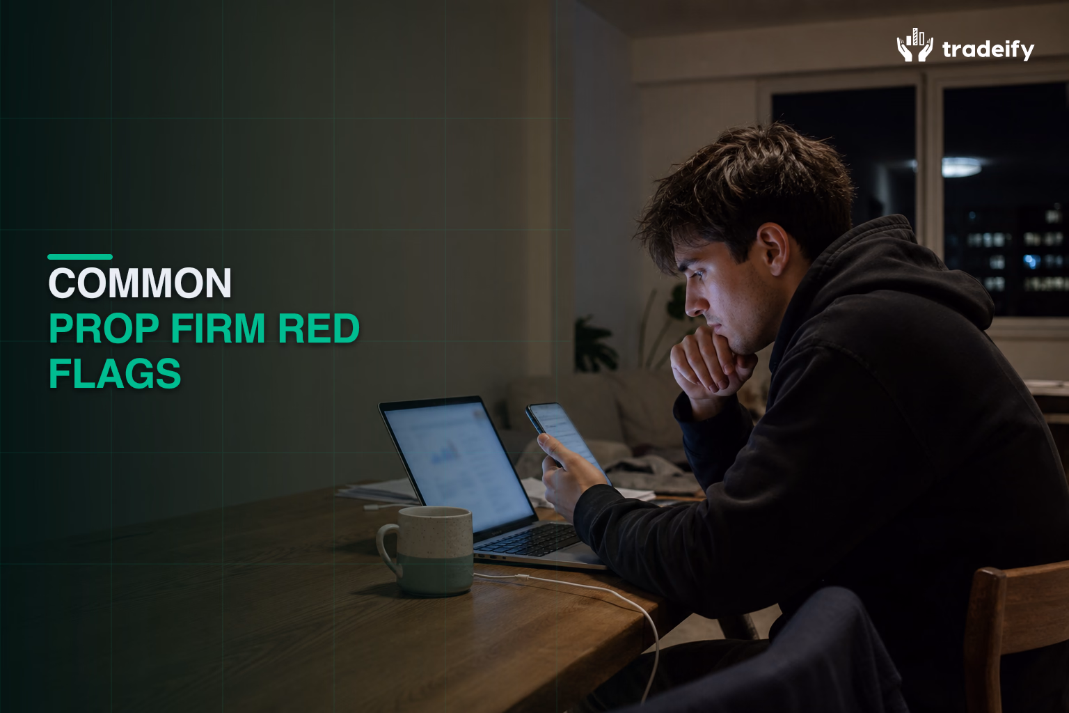Cautious trader double-checking account terms on a laptop and phone at night