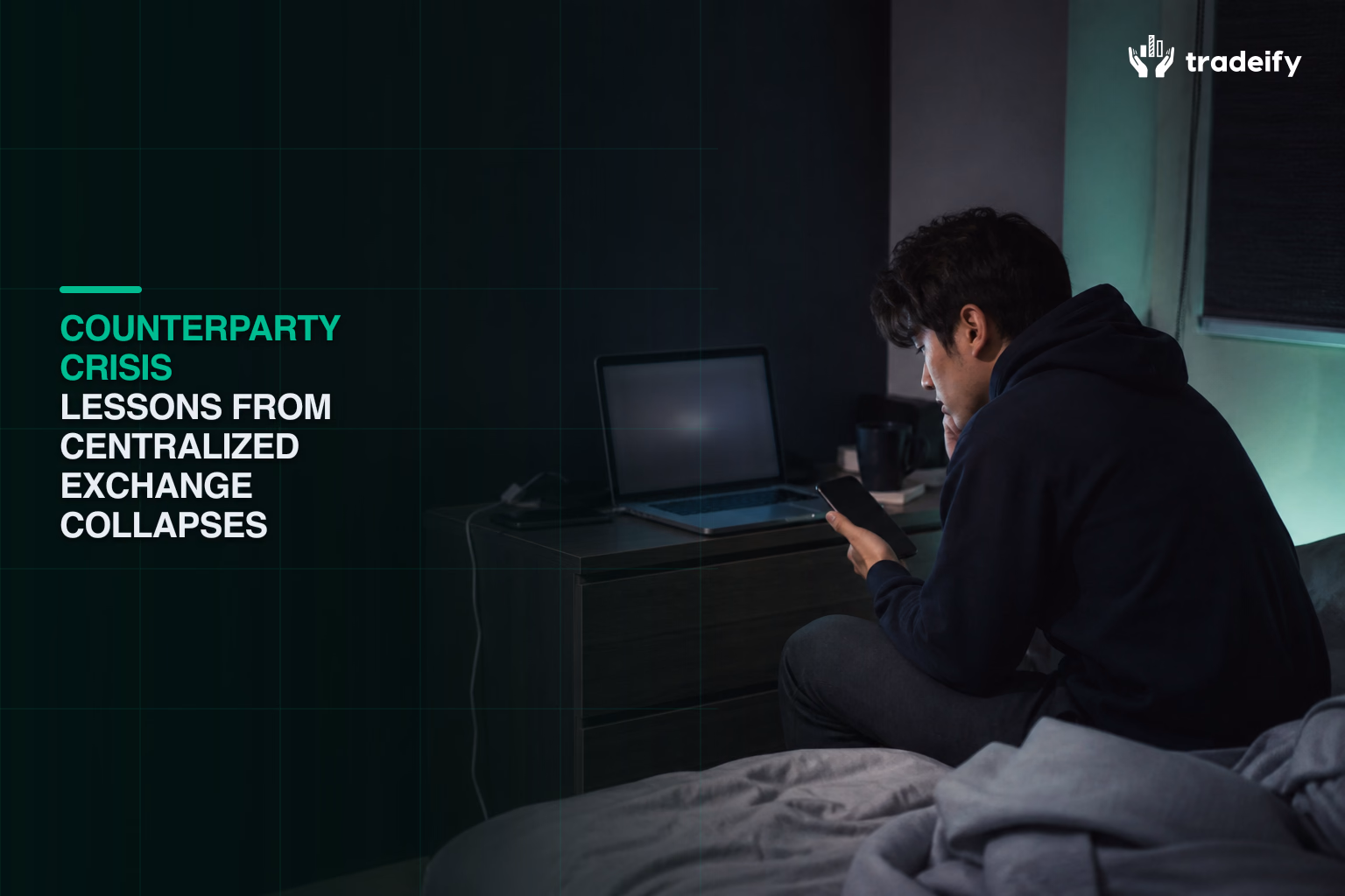 Trader confronting interrupted access on a blank laptop during a centralized exchange counterparty crisis