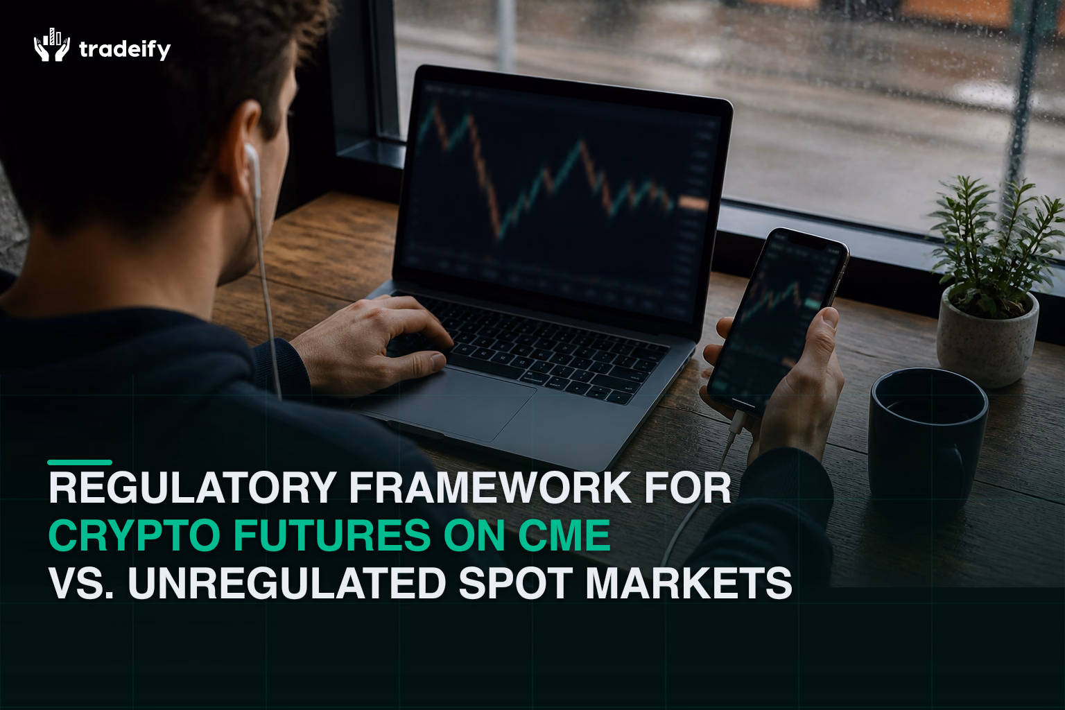 Trader comparing regulated futures access on a laptop with a separate phone-first spot-market workflow